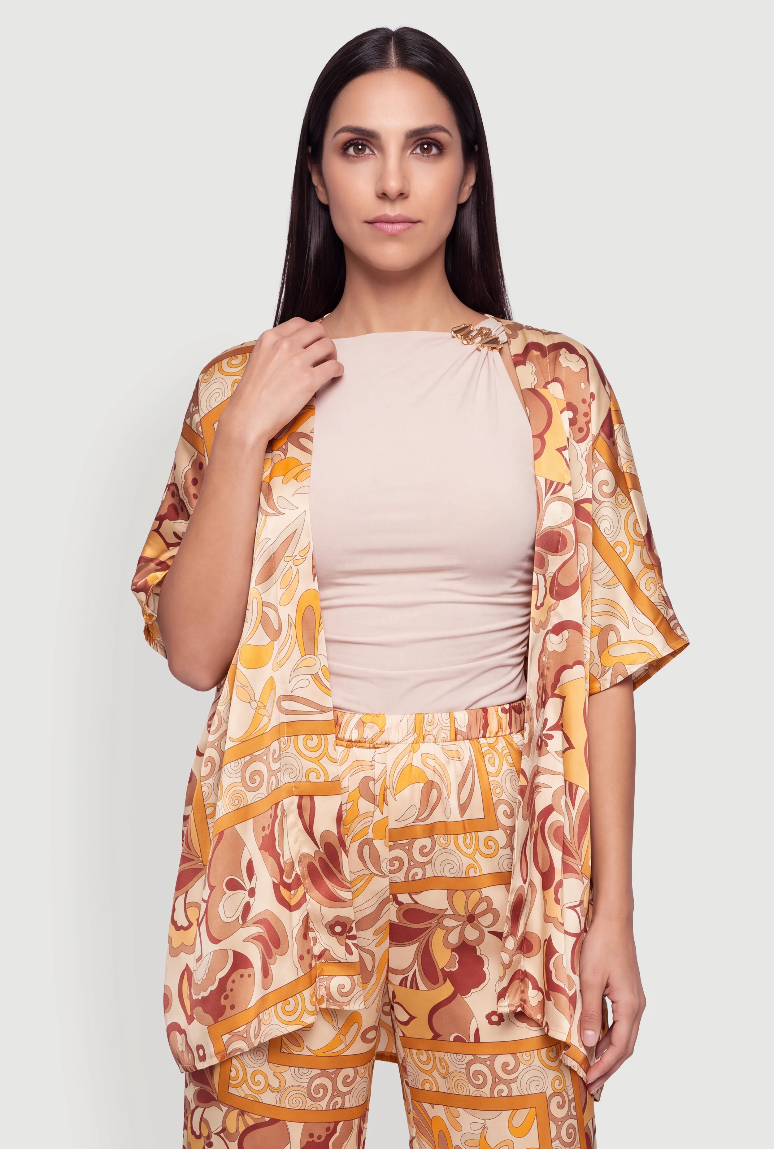 Paisley Border Print Satin Kimono