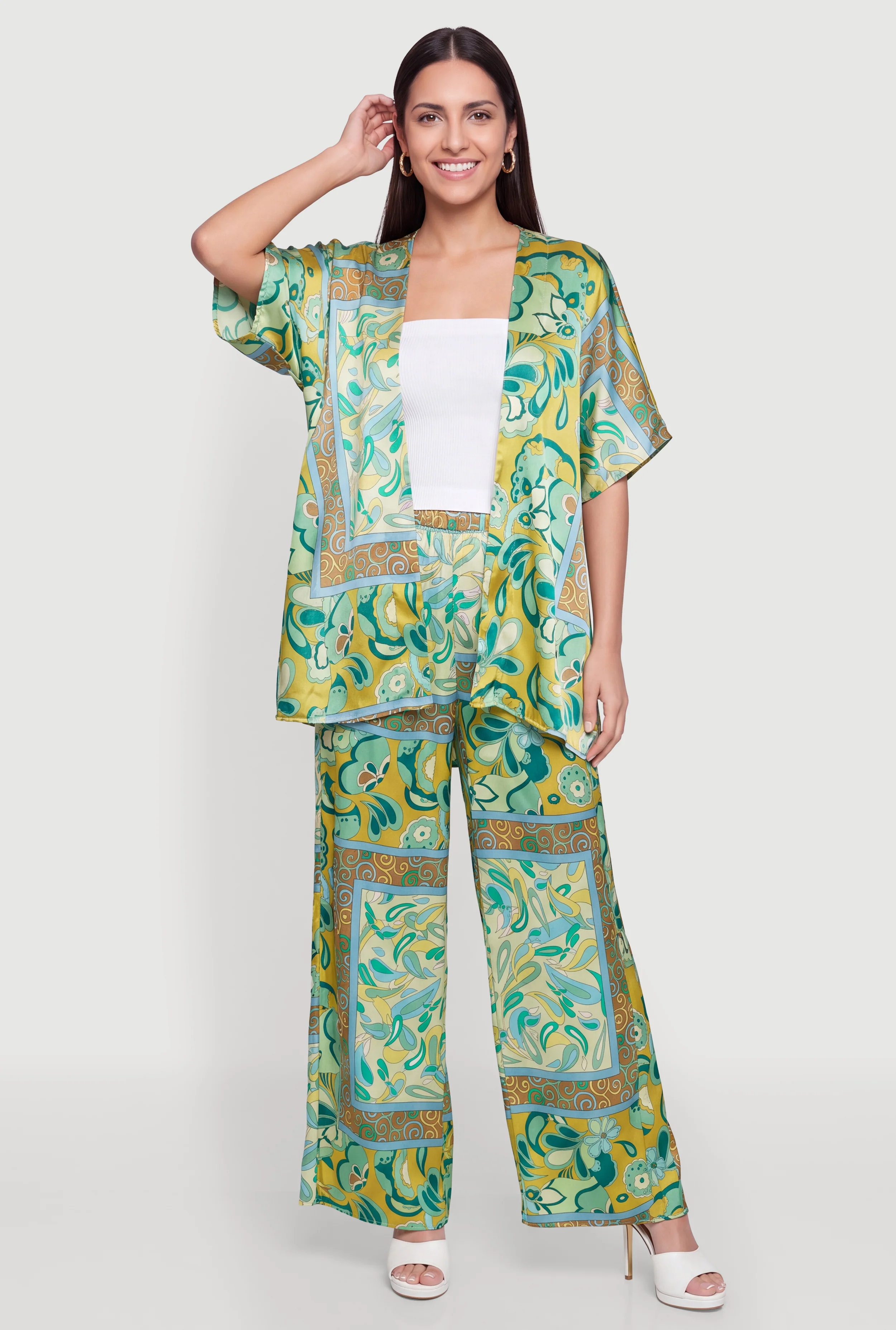 Paisley Border Print Satin Palazzo Pants