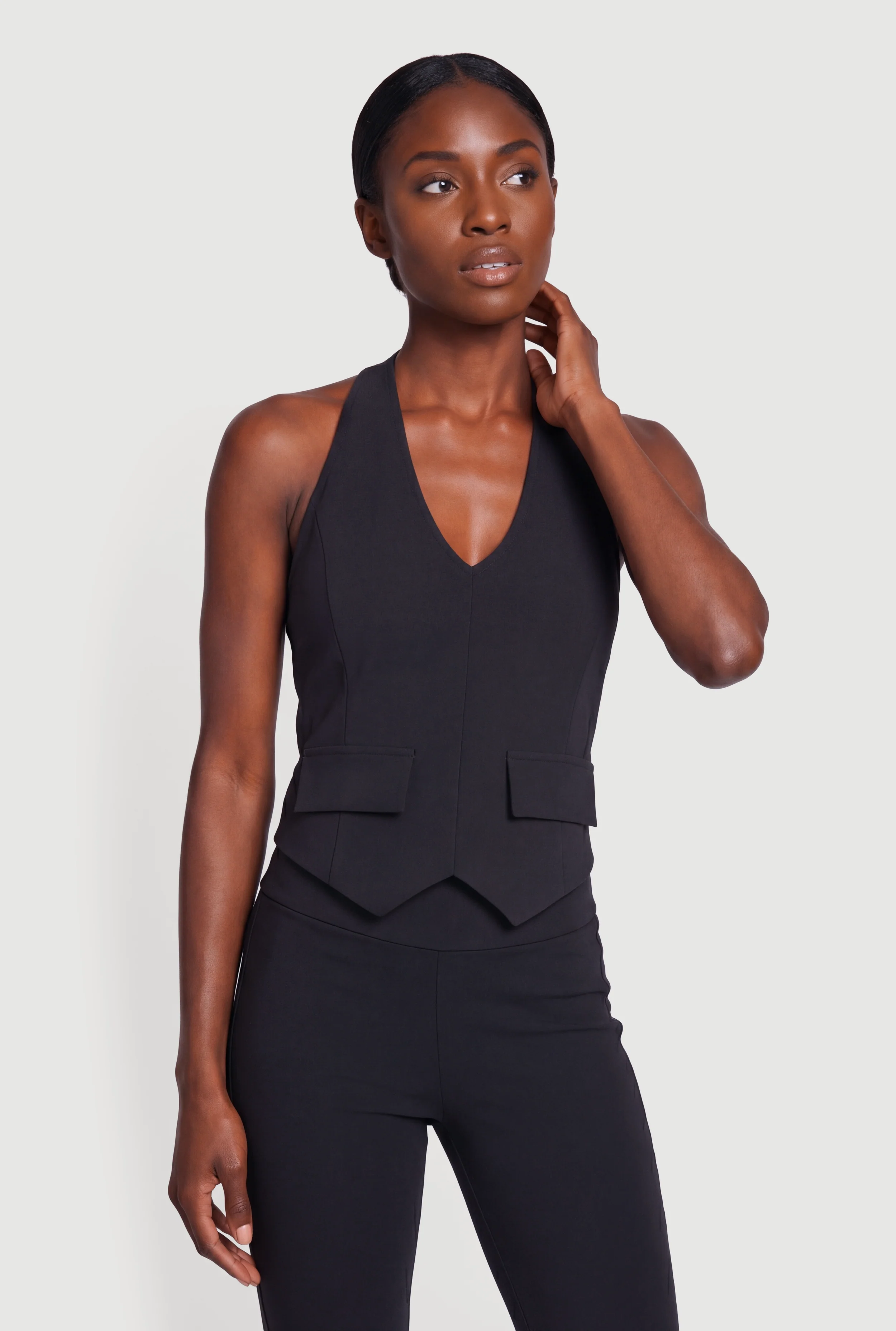Elastic Halter Neck Flap Pocket Pintuck Detail Blouse