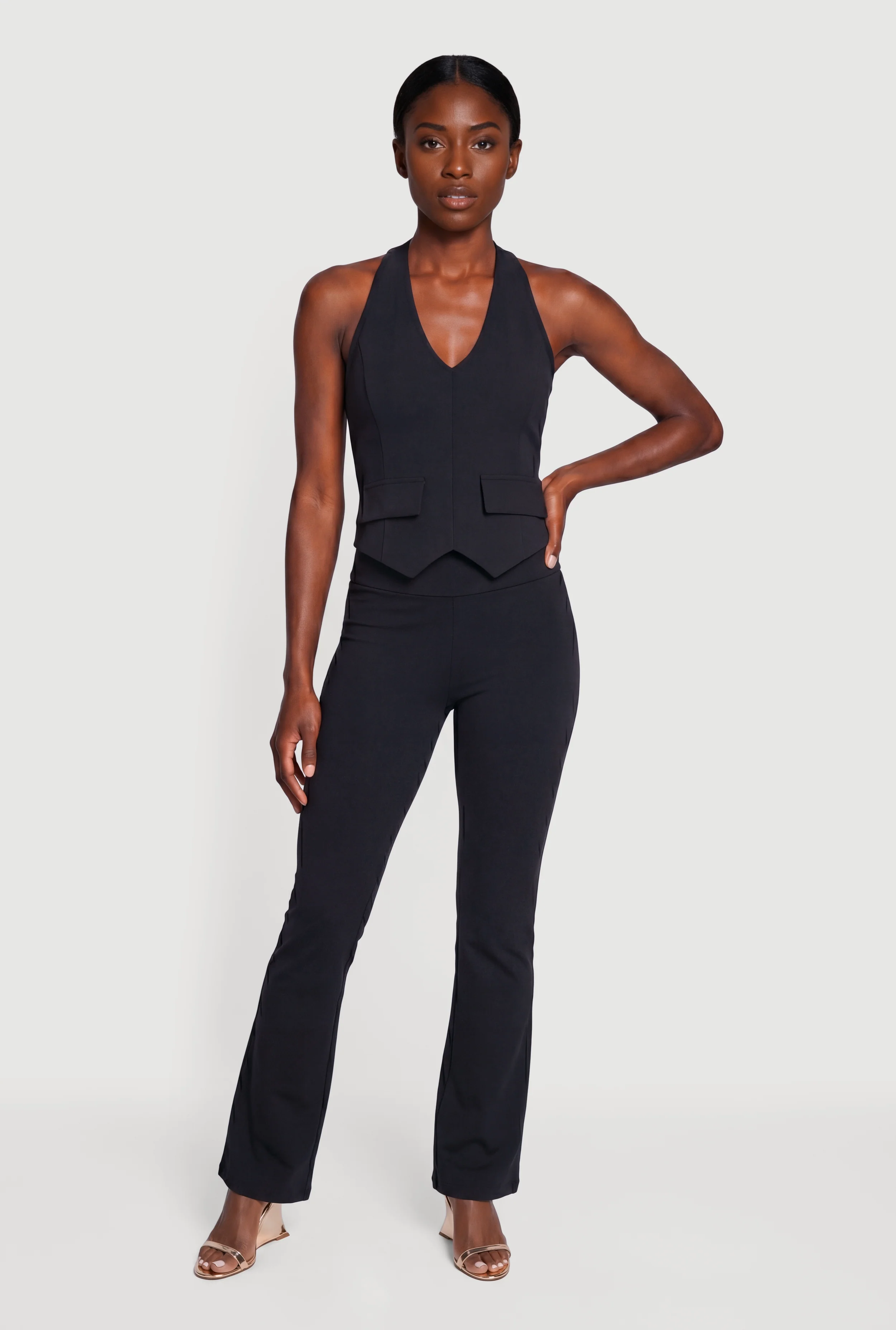 Solid Wide Waist Pull On Flare Pants