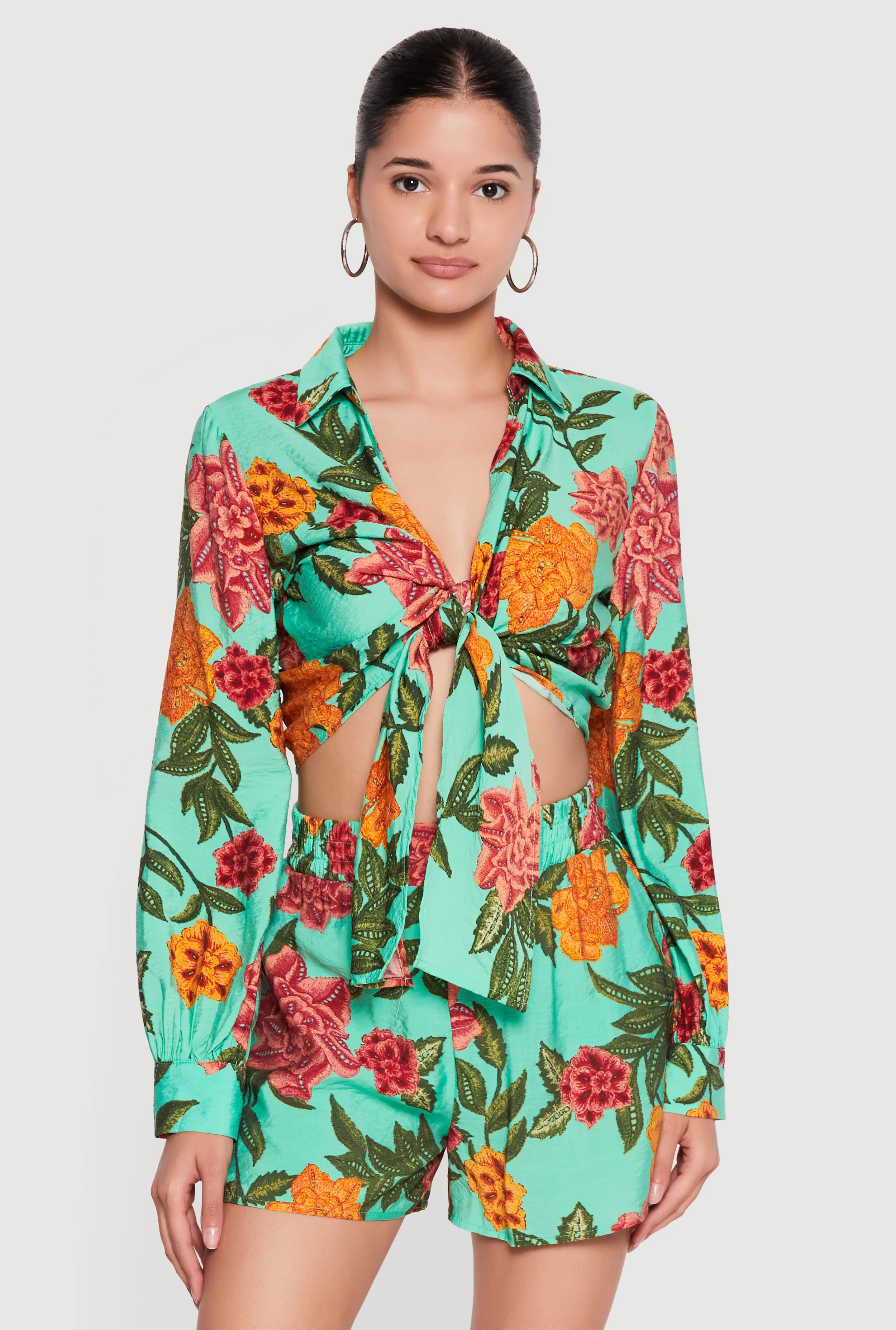 Floral Long Sleeve Tie Front Cropped Shirt