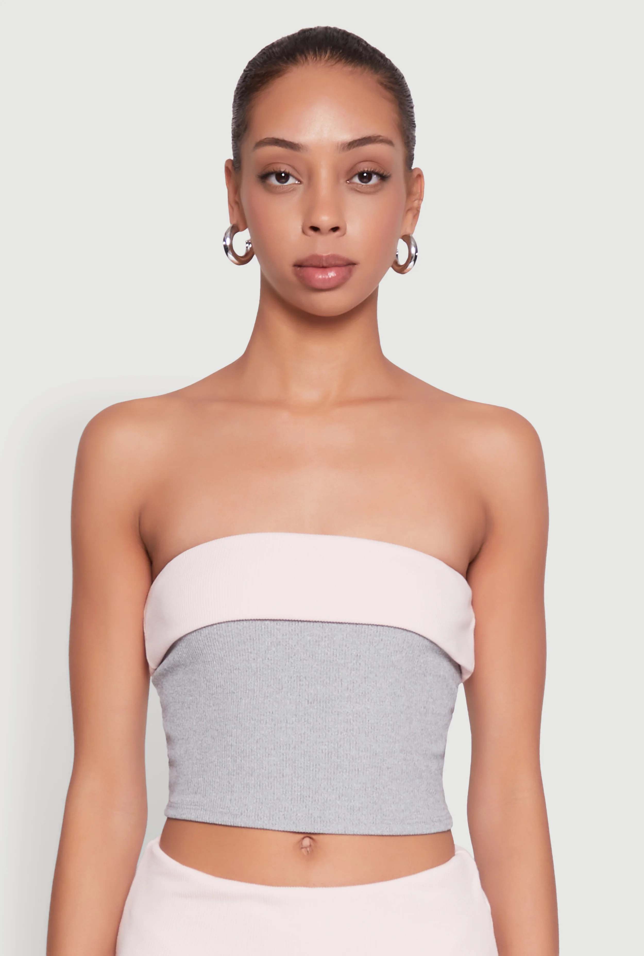 Stylish Rib Knit Contrast Fold Over Cropped Tube Top