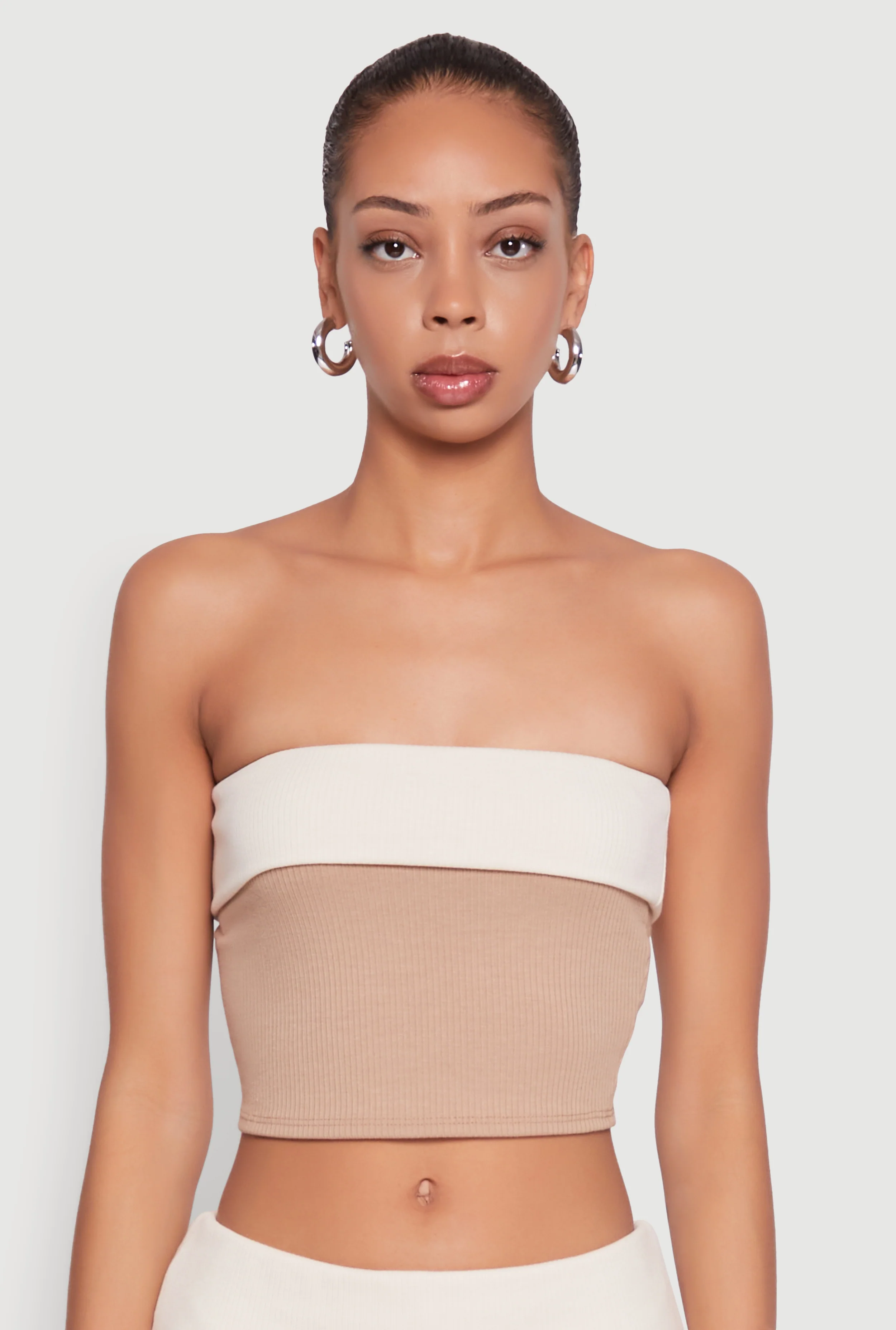 Stylish Rib Knit Contrast Fold Over Cropped Tube Top