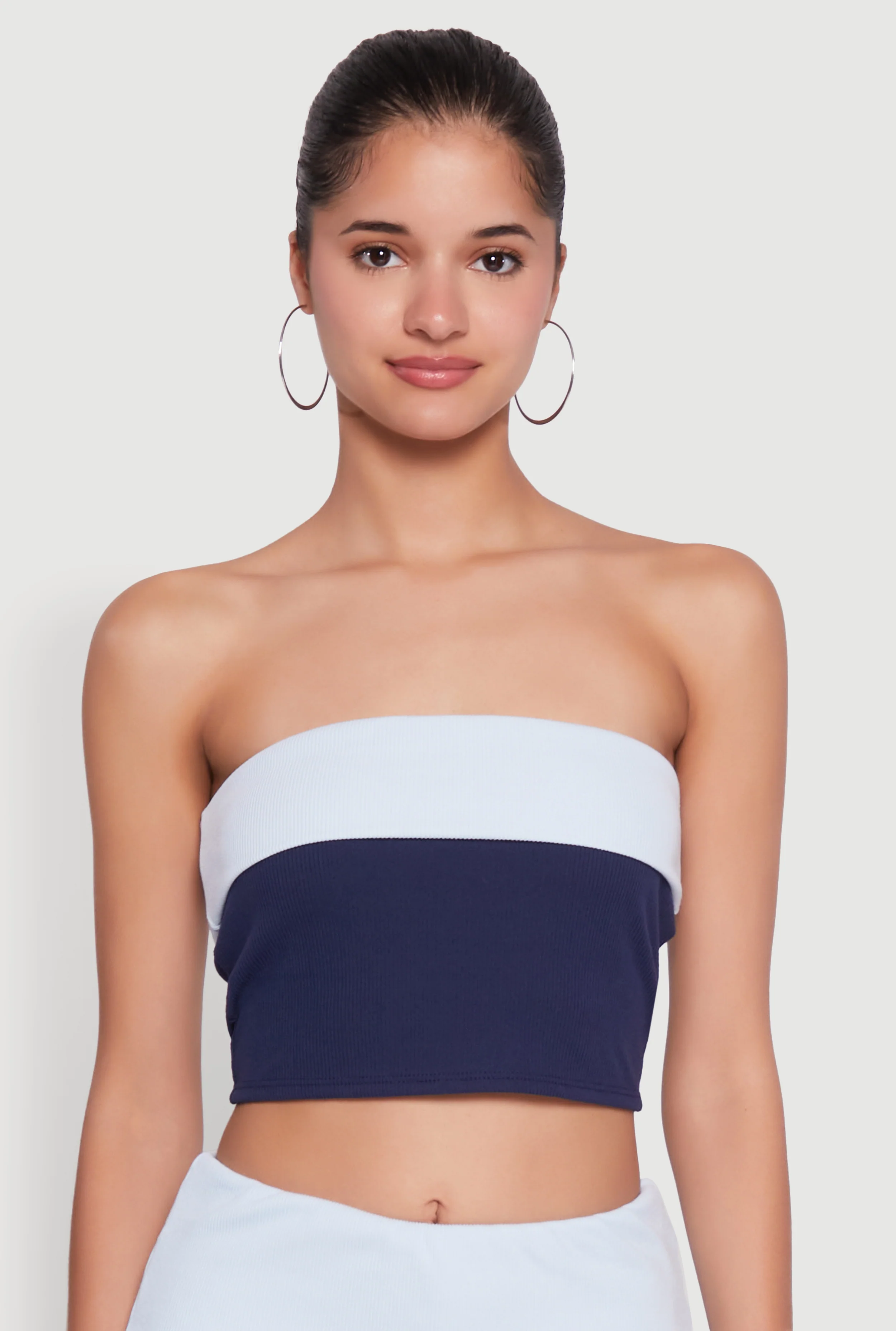 Stylish Rib Knit Contrast Fold Over Cropped Tube Top