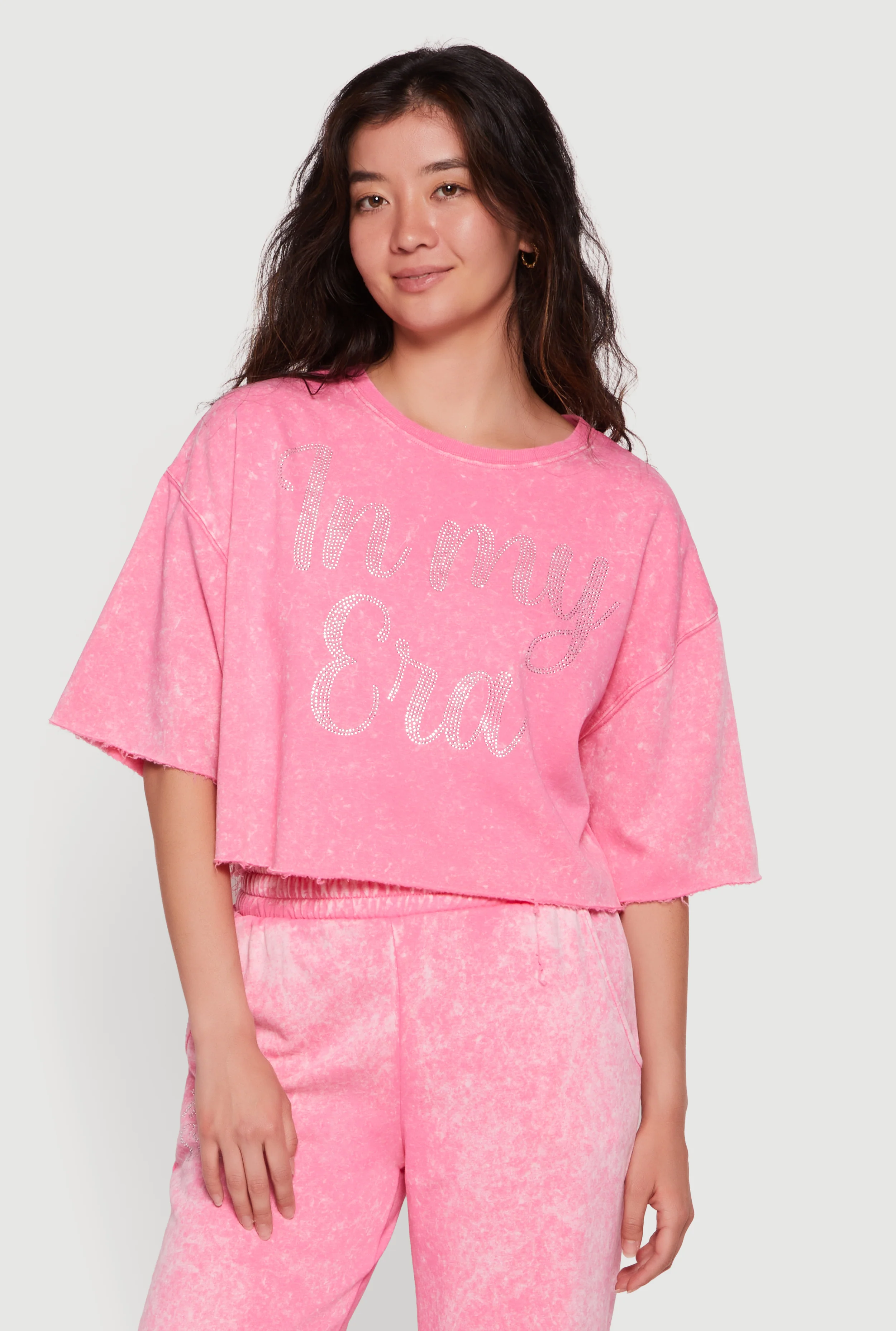 Rhinestone Graphic Raw Hem Short Sleeve Sweatshirt