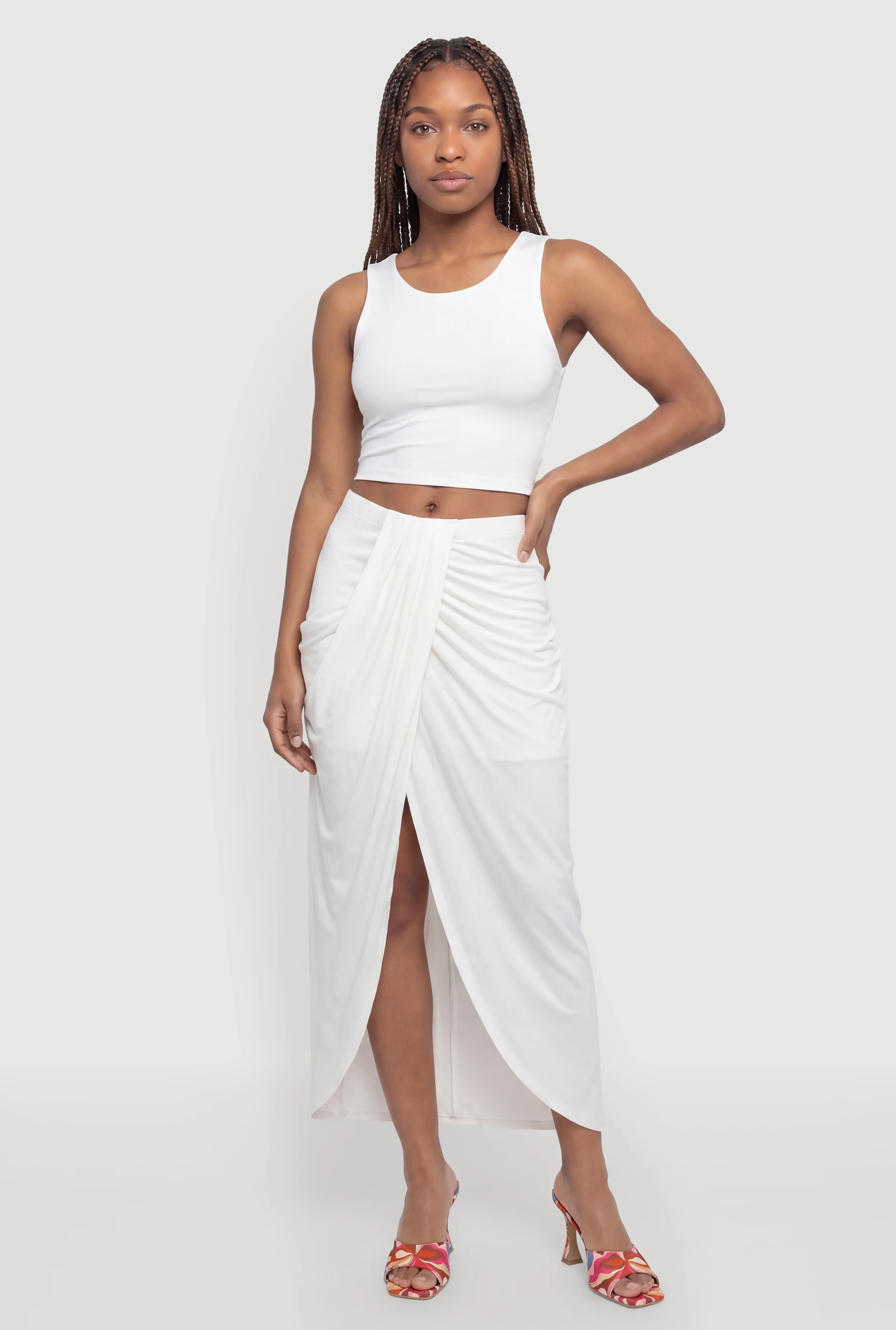 Ruched Faux Wrap Midi Skirt