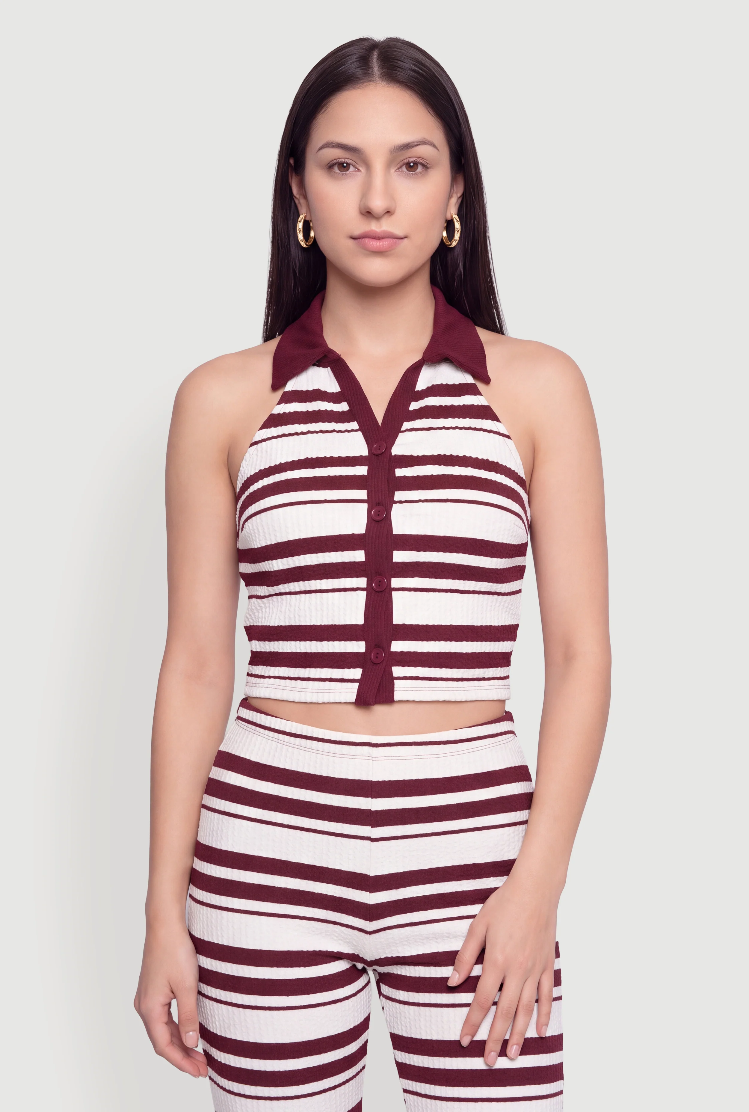 Striped Textured Knit Collared Halter Top