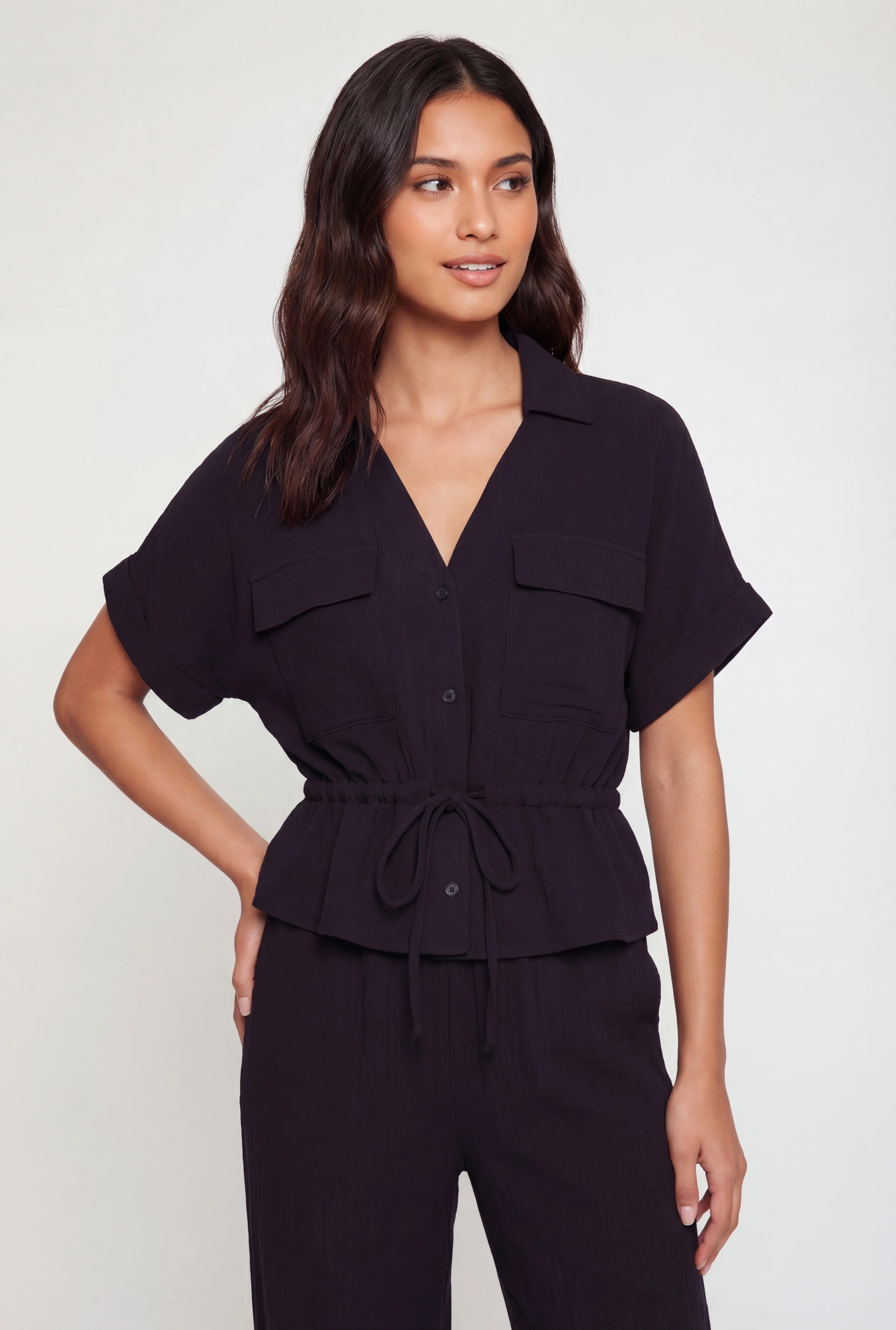 Collared Drawstring Waist Button Front Shirt
