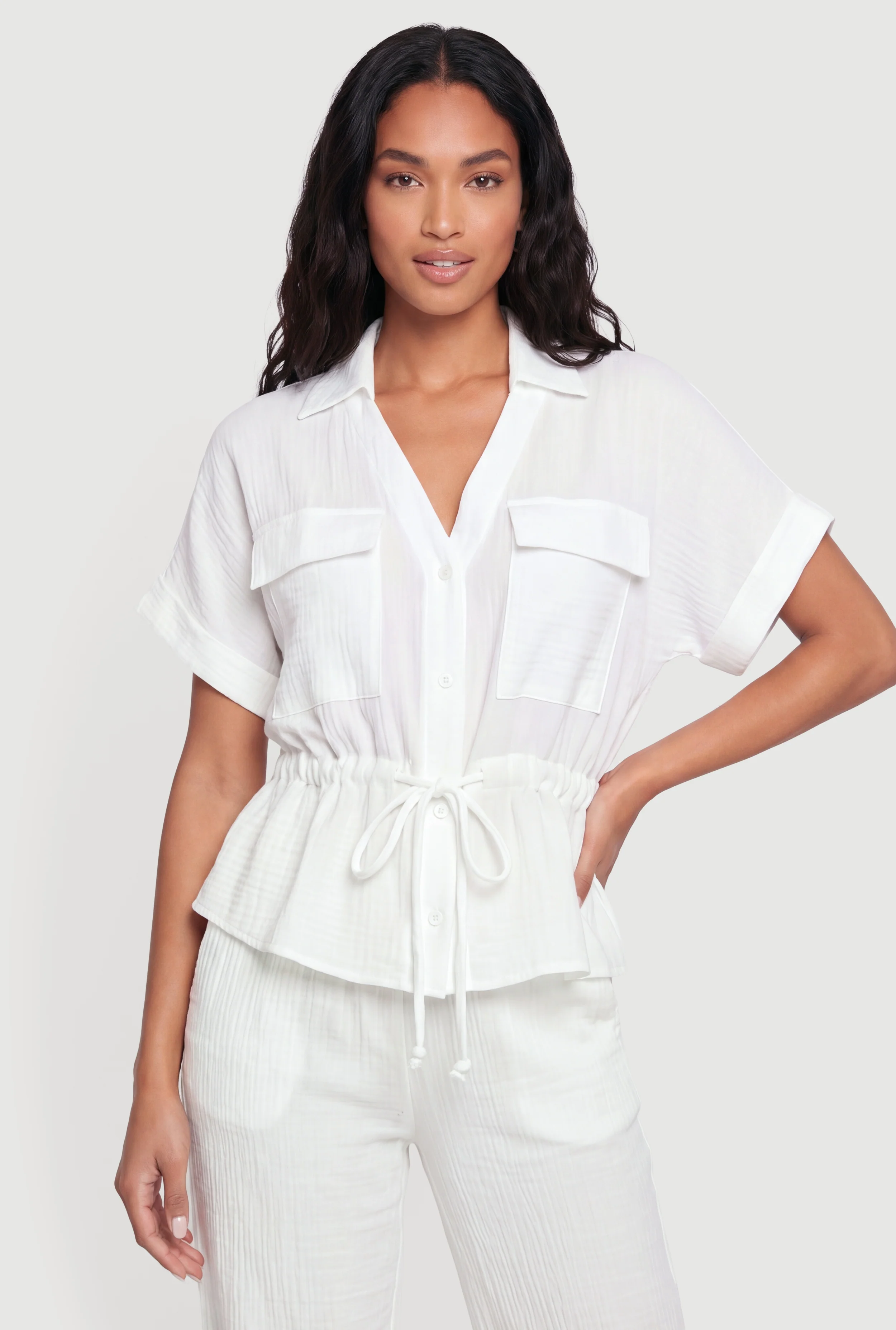 Collared Drawstring Waist Button Front Shirt