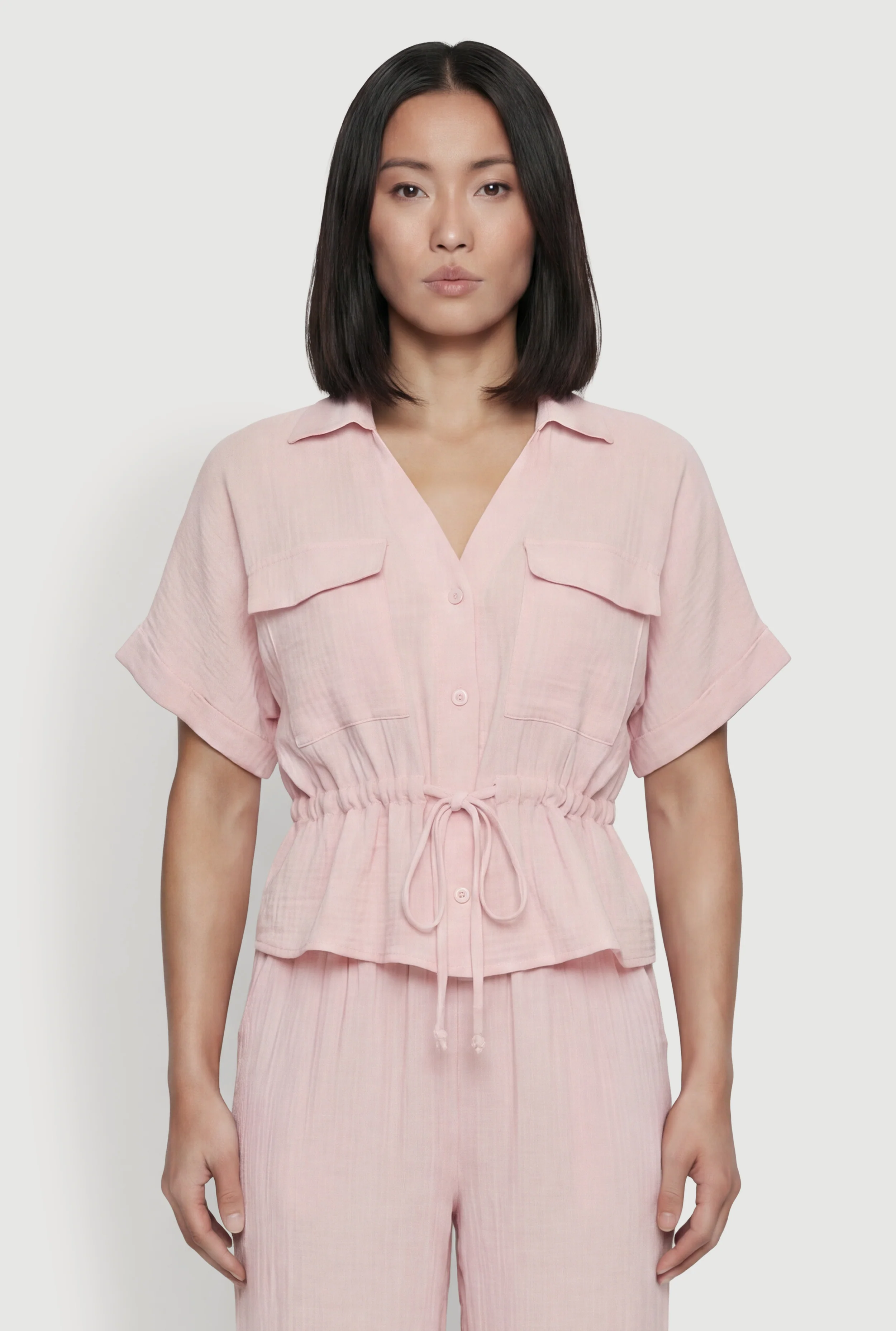 Collared Drawstring Waist Button Front Shirt