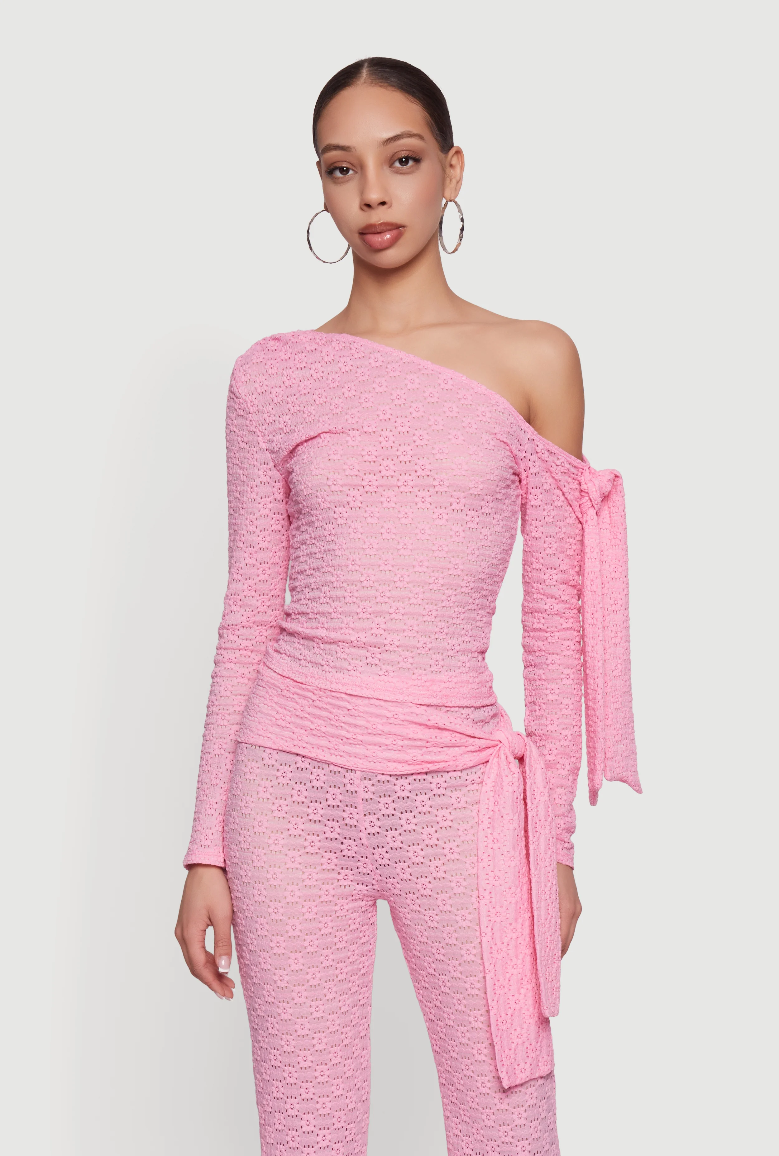 Textured Knit Asymmetrical Tie Sleeve Top