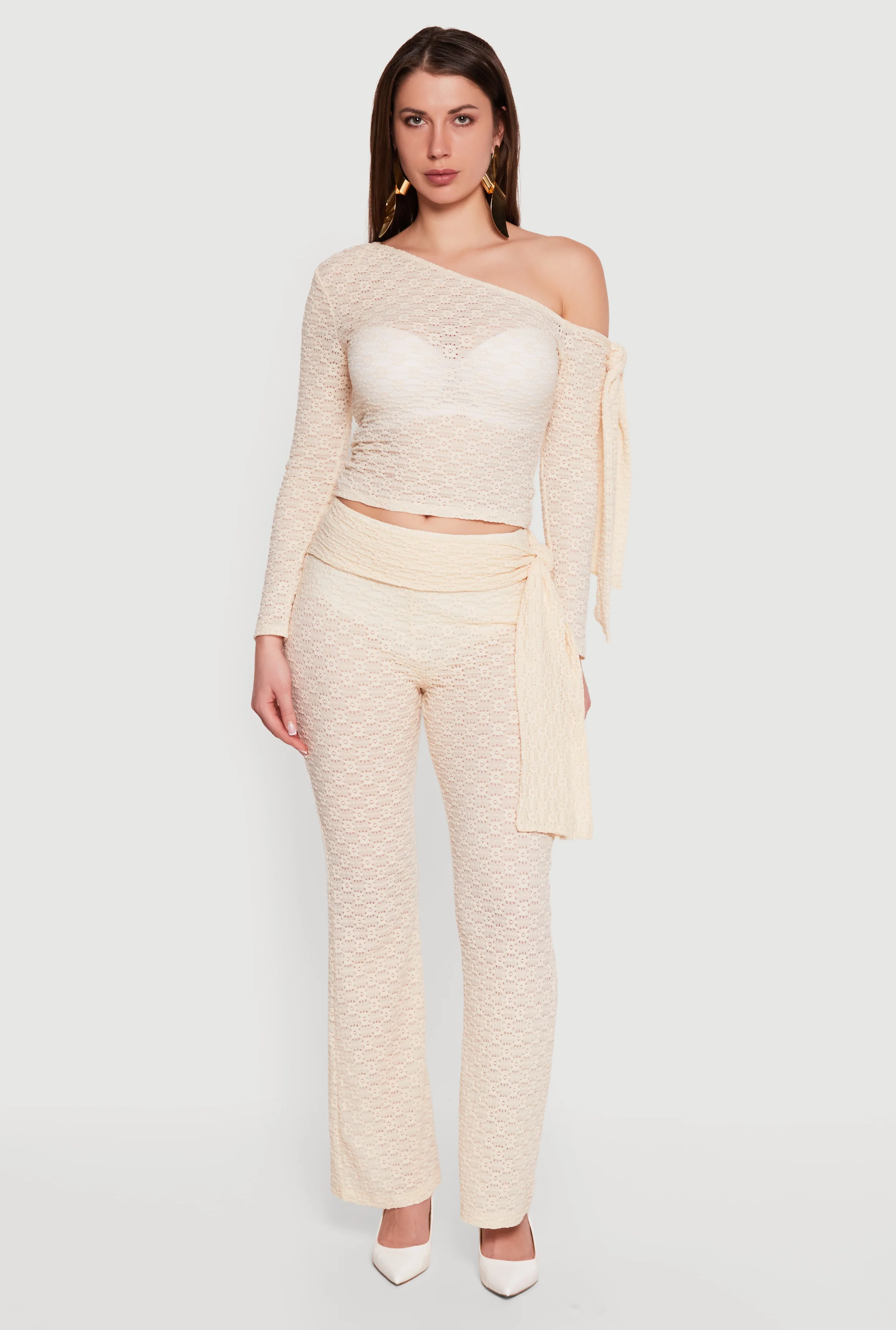 Textured Knit Tie Front Flare Leg Pants