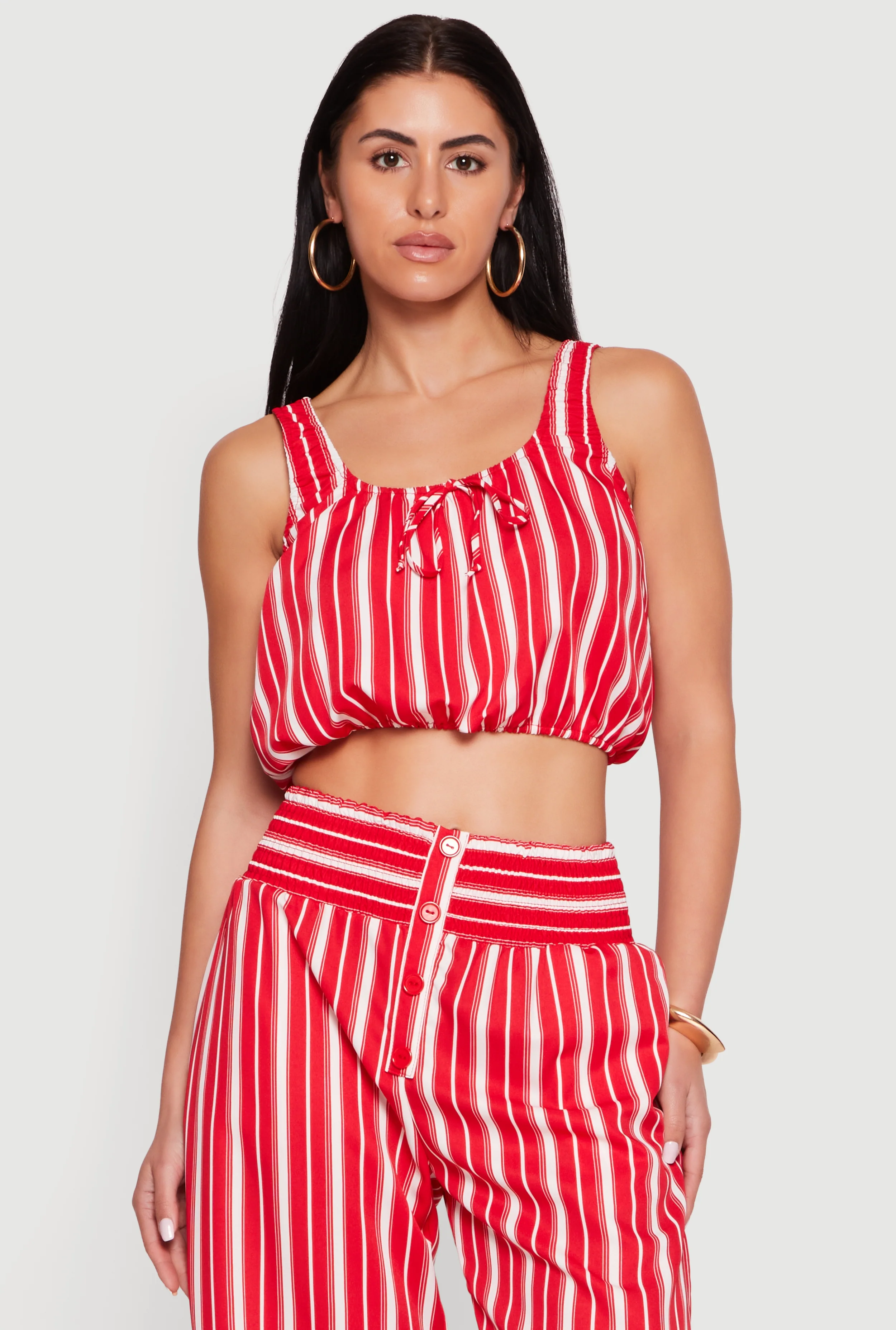 Sleeveless Striped Crop Top with Tie Front Detail