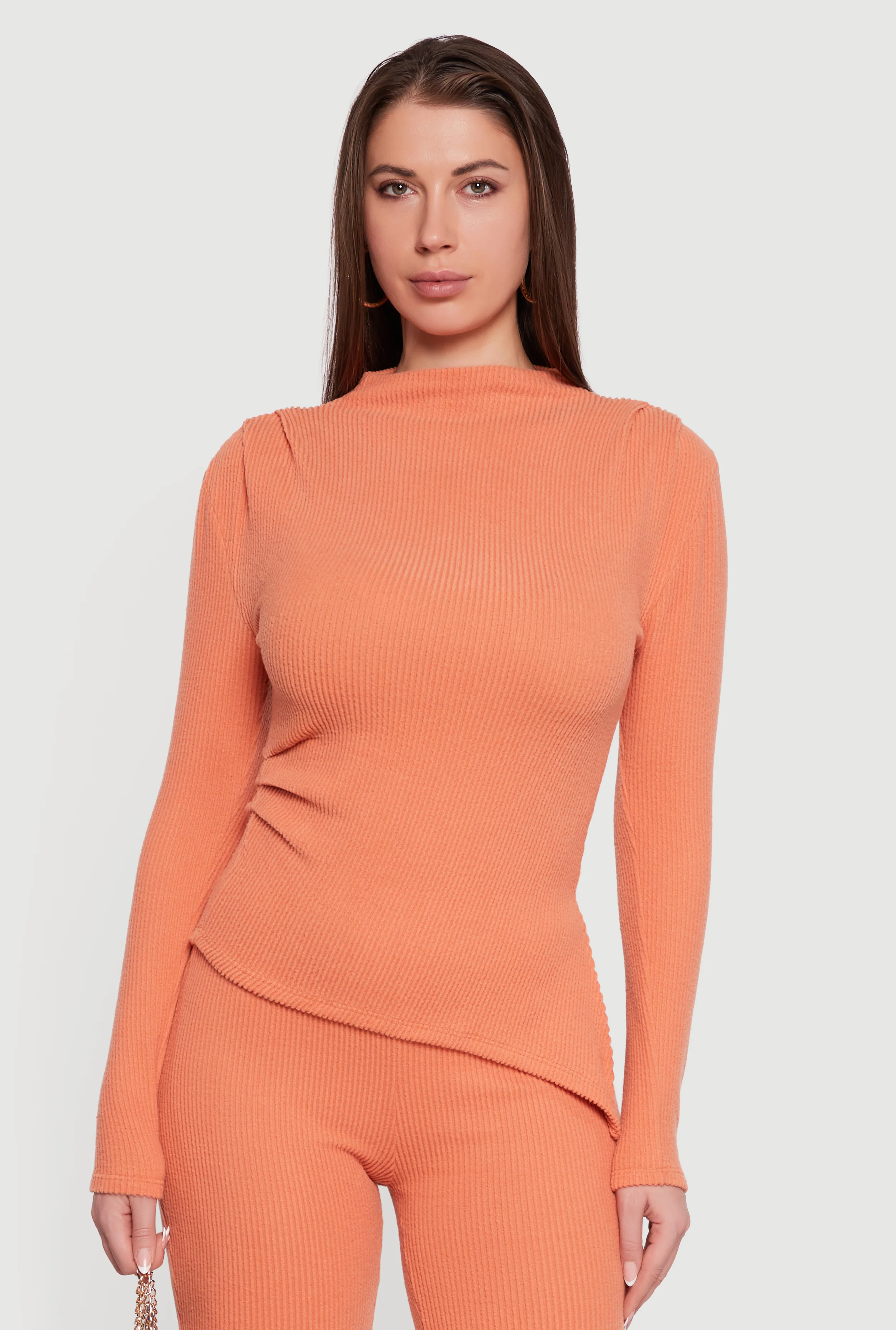 Brushed Rib Knit Asymmetrical Hem Blouse