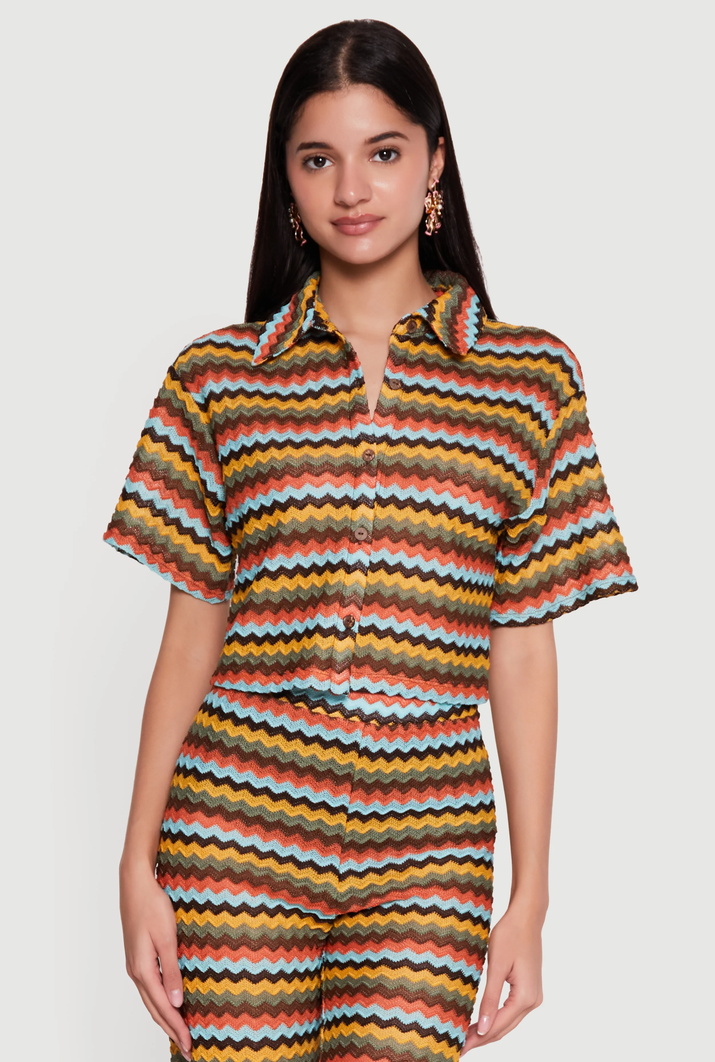 Chevron Striped Button Front Short Sleeve Shirt