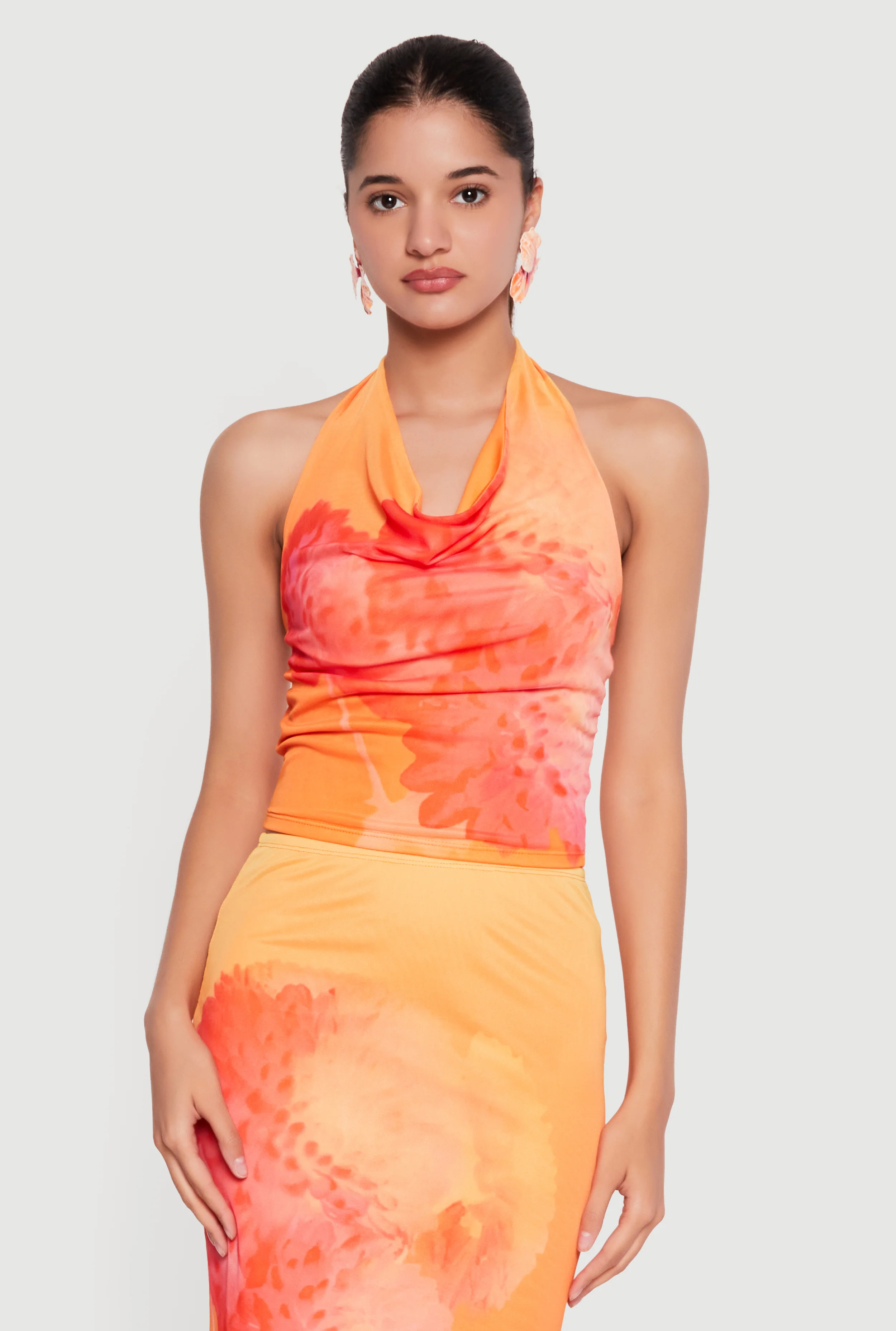 Floral Mesh Cowl Neck Halter Top