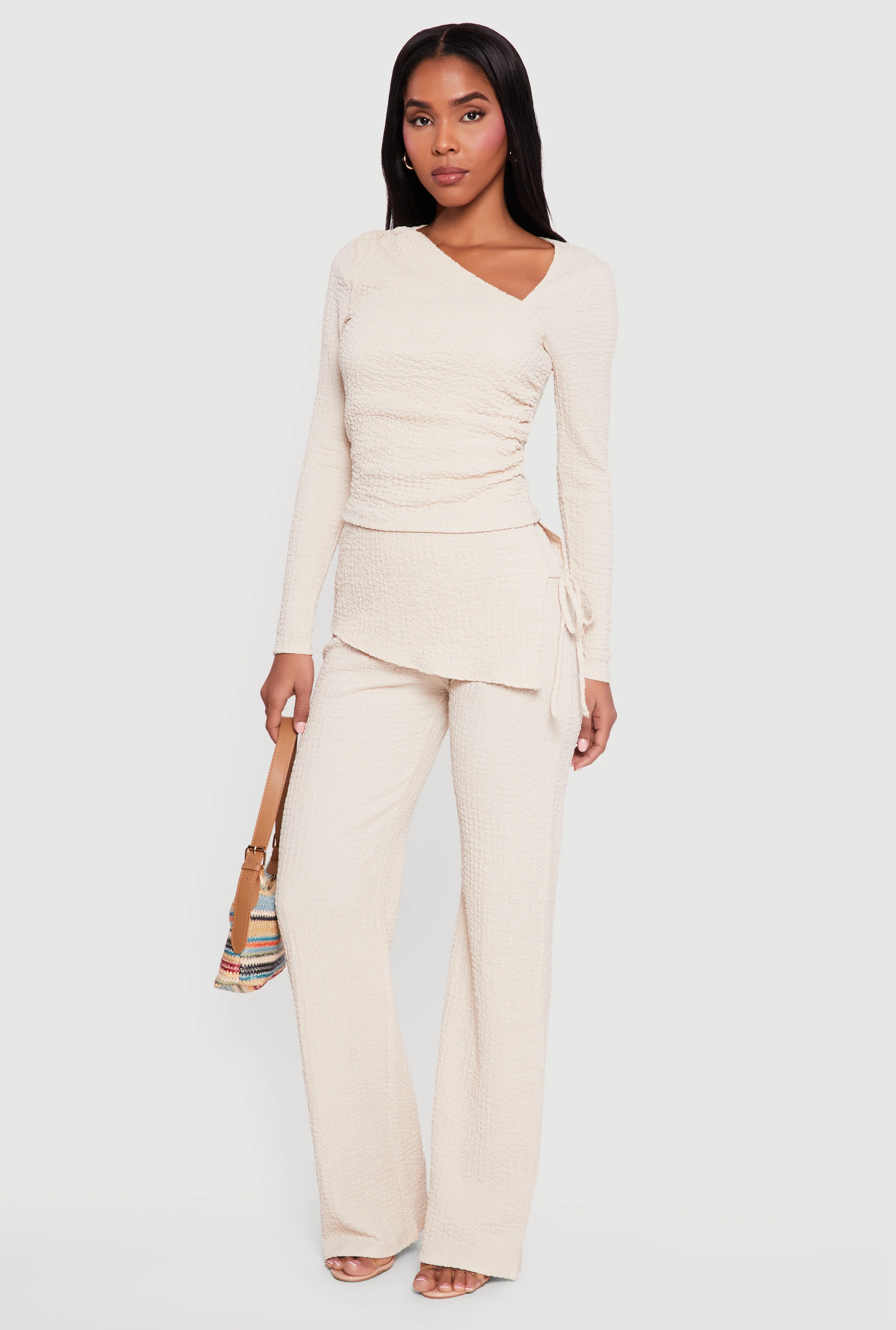 Textured Knit Side Tie Asymmetrical Fold Over Waist Pants