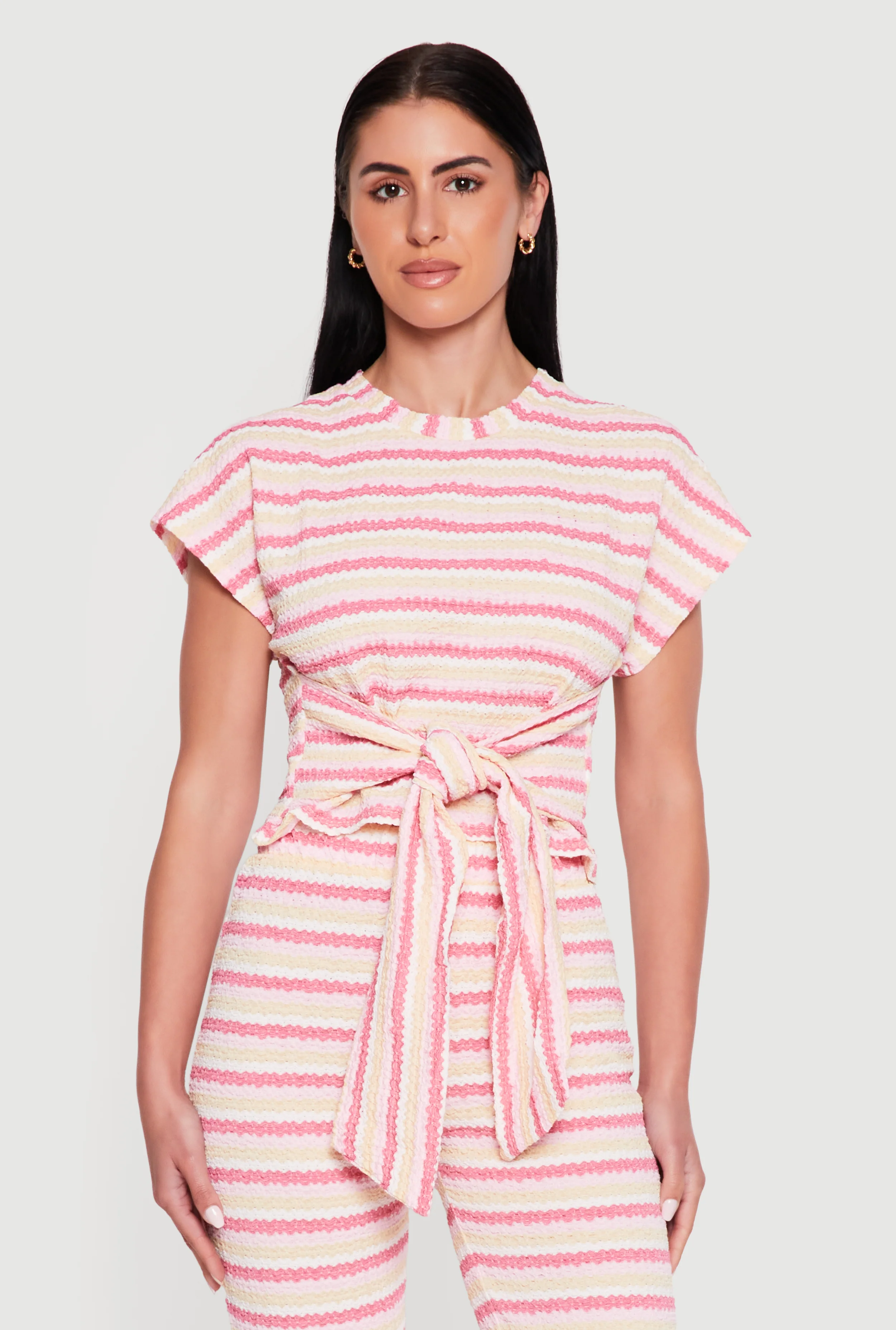 Striped Textured Knit Knot Front Blouse