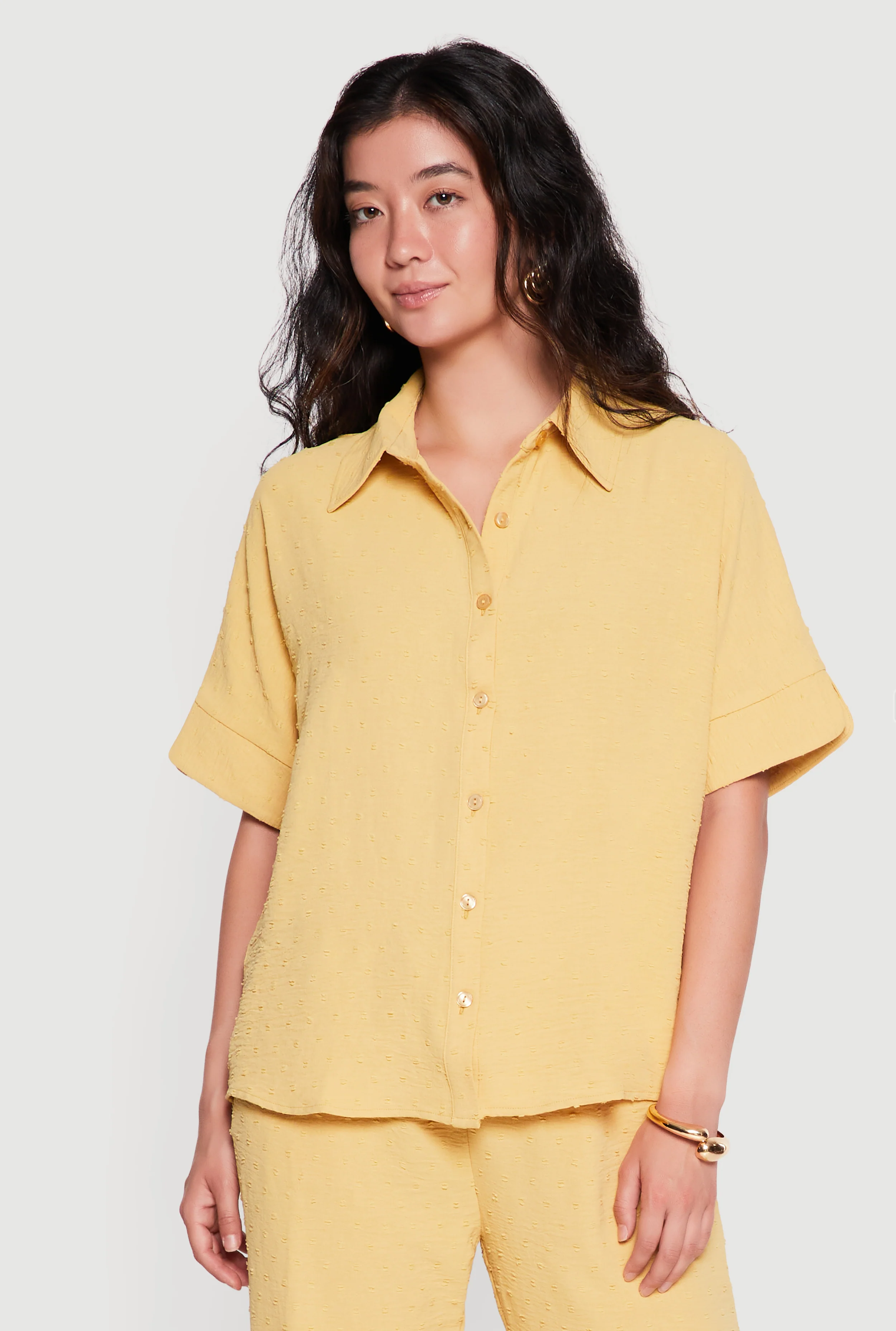 Crepe Knit Swiss Dot Button Front Short Sleeve Shirt