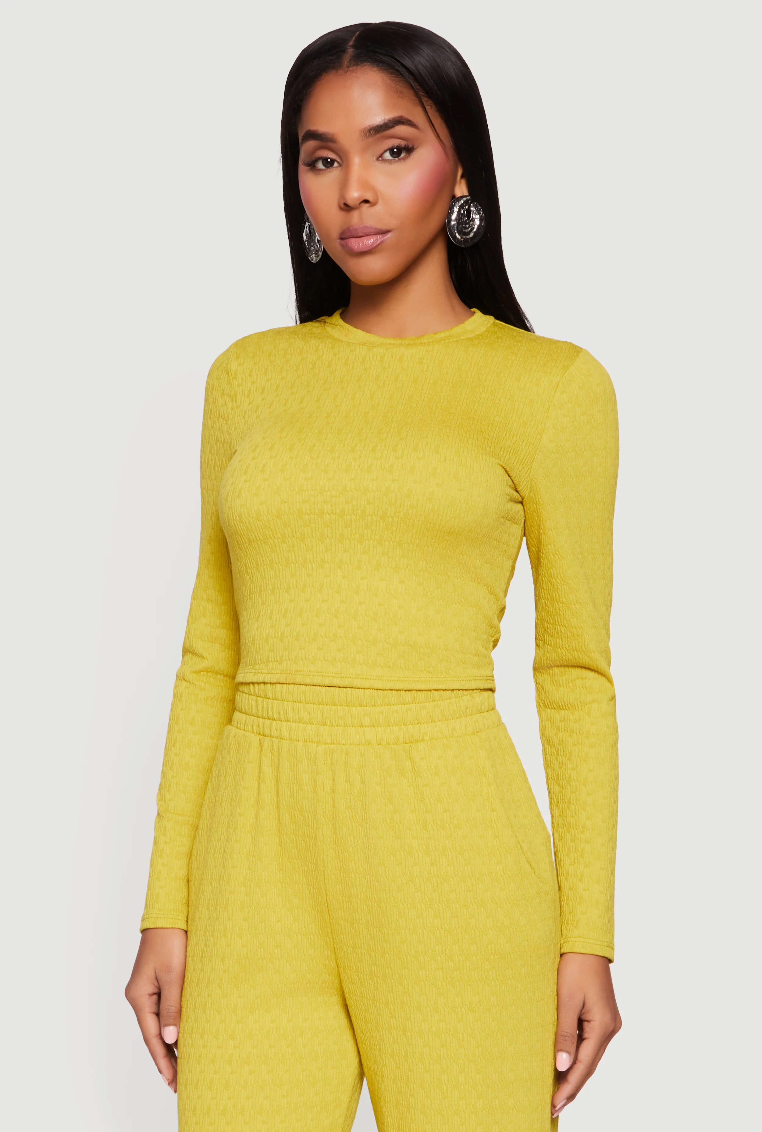 Textured Knit Long Sleeve Crew Neck Top