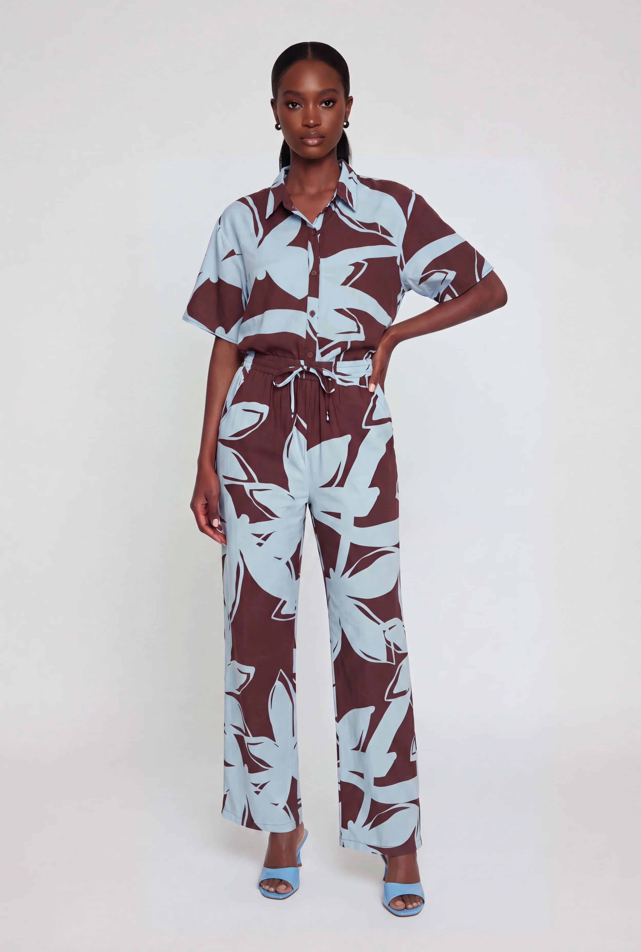 High Waisted Wide Leg Floral Crepe Knit Casual Pants
