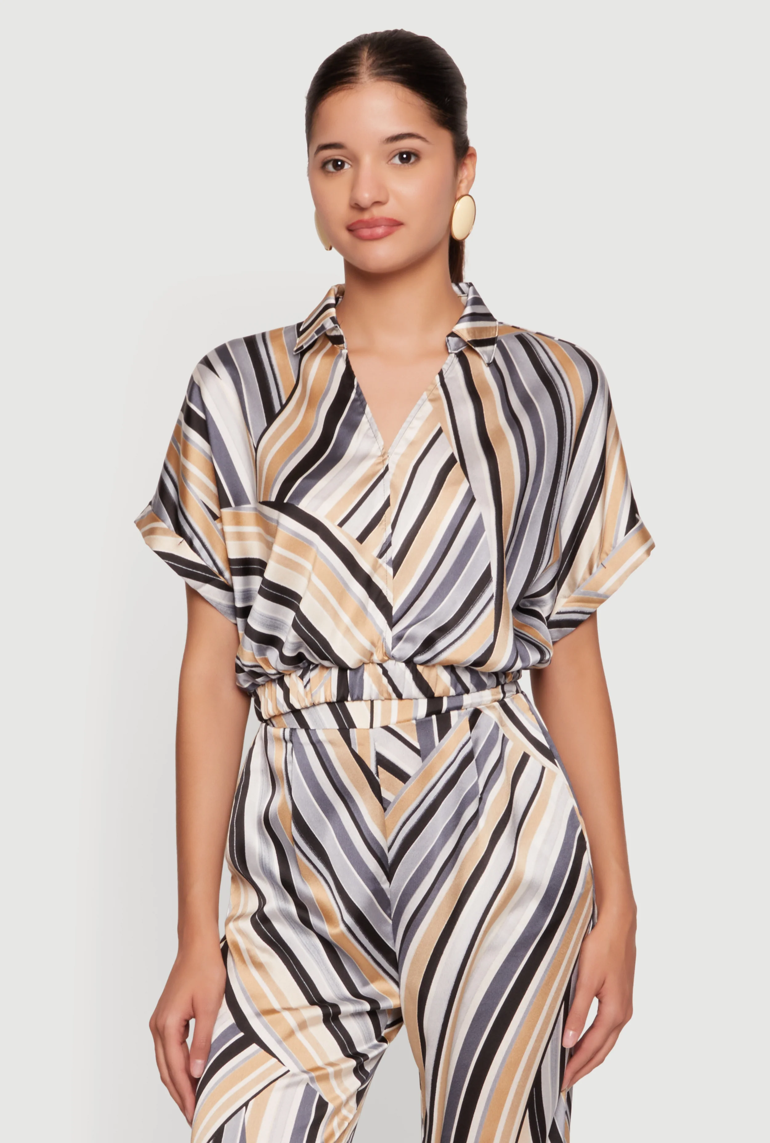 Striped Satin Cropped Faux Wrap Blouse