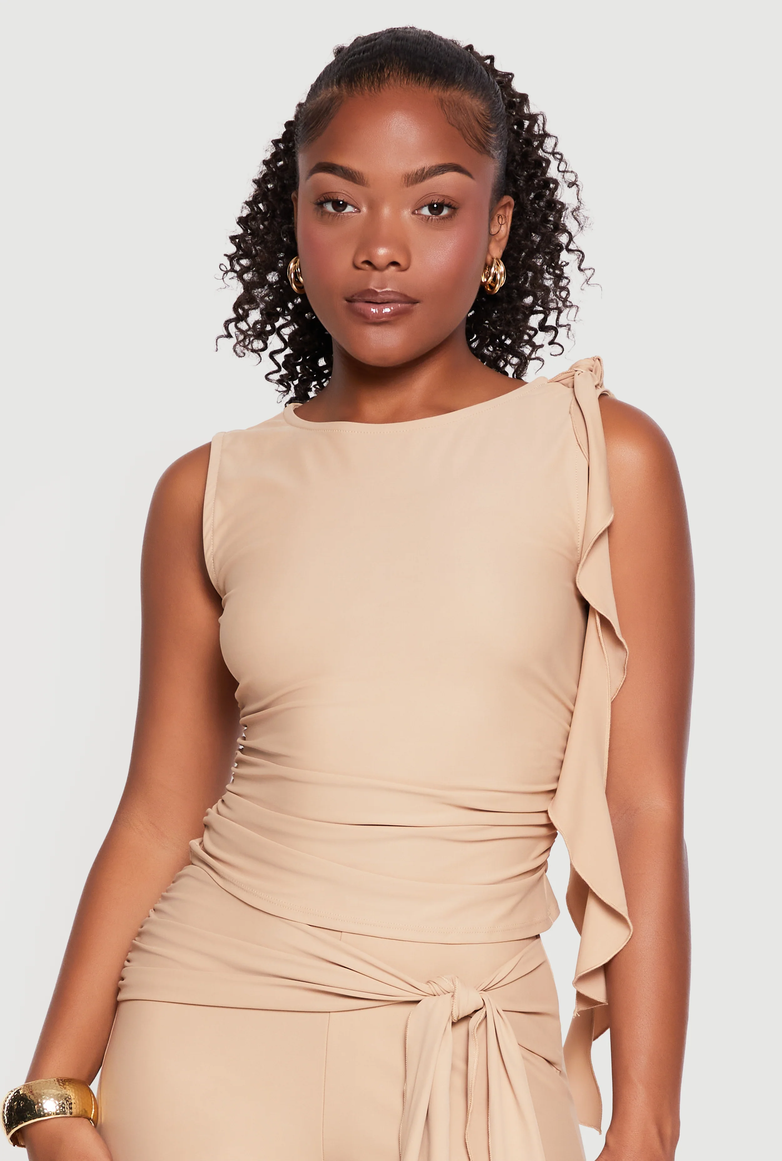 Sleeveless High Neck Blouse with Ruffle Detail