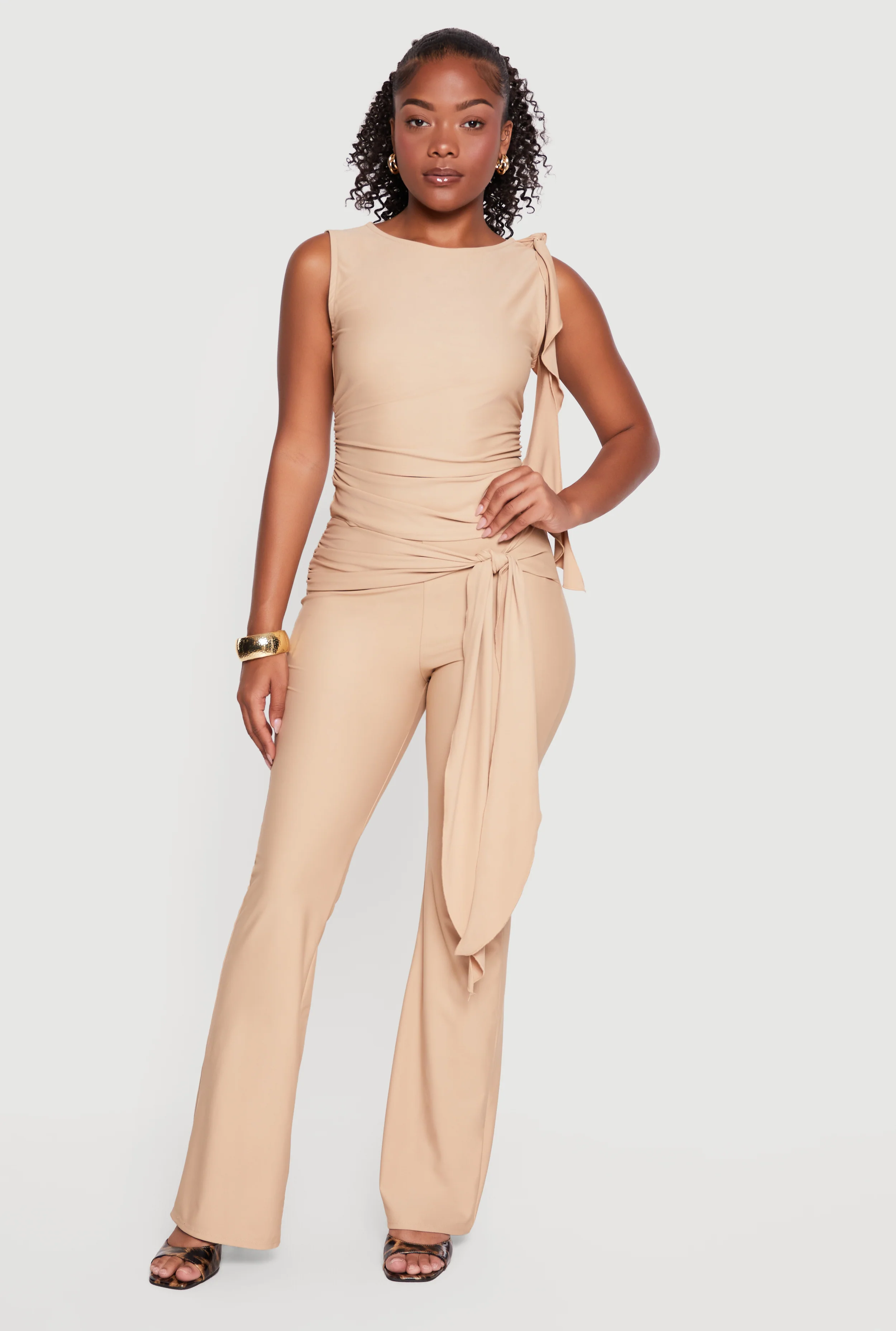 Tie Waist Belted Flare Leg Pull On Pants
