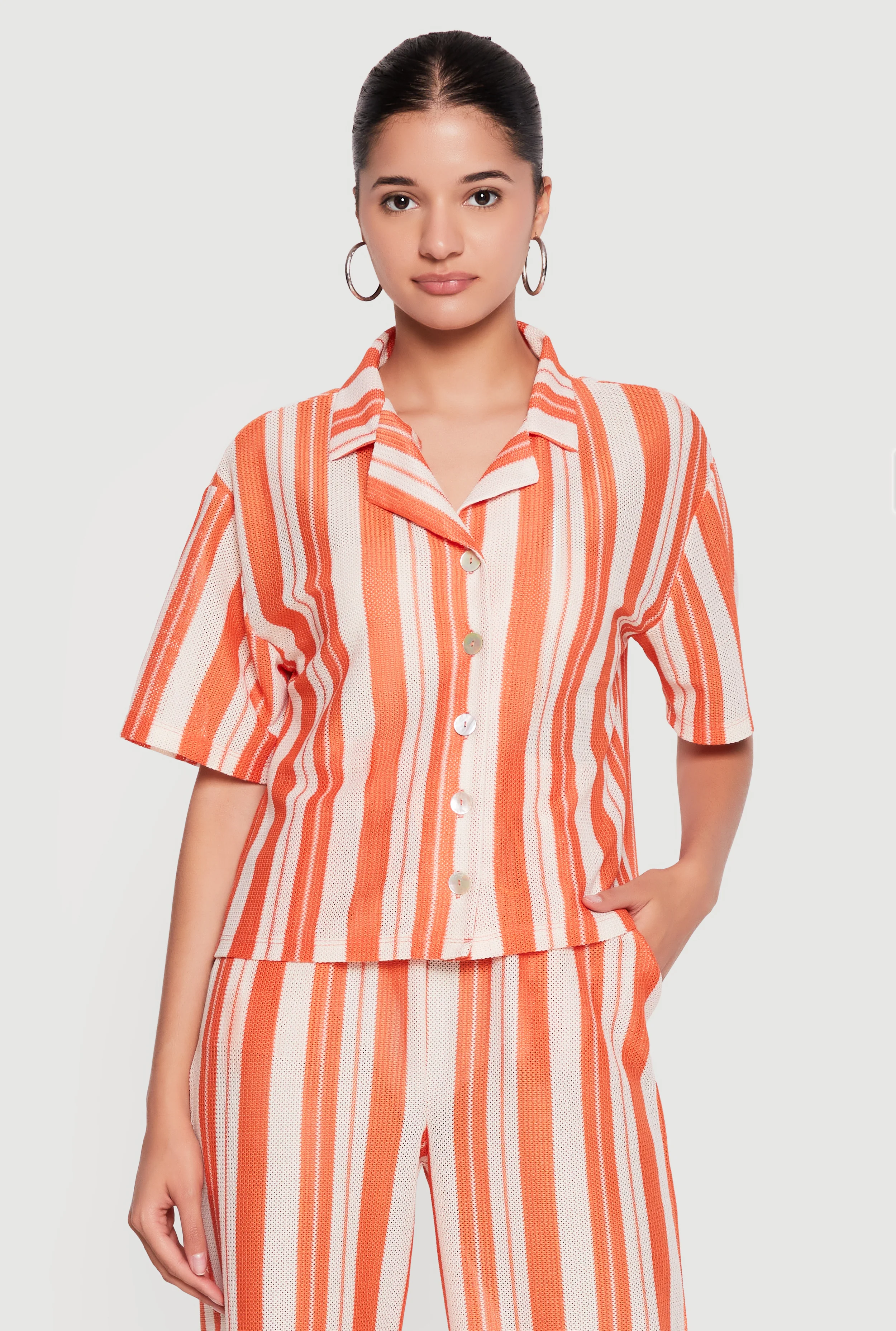 Striped Collared Button Front Crop Top