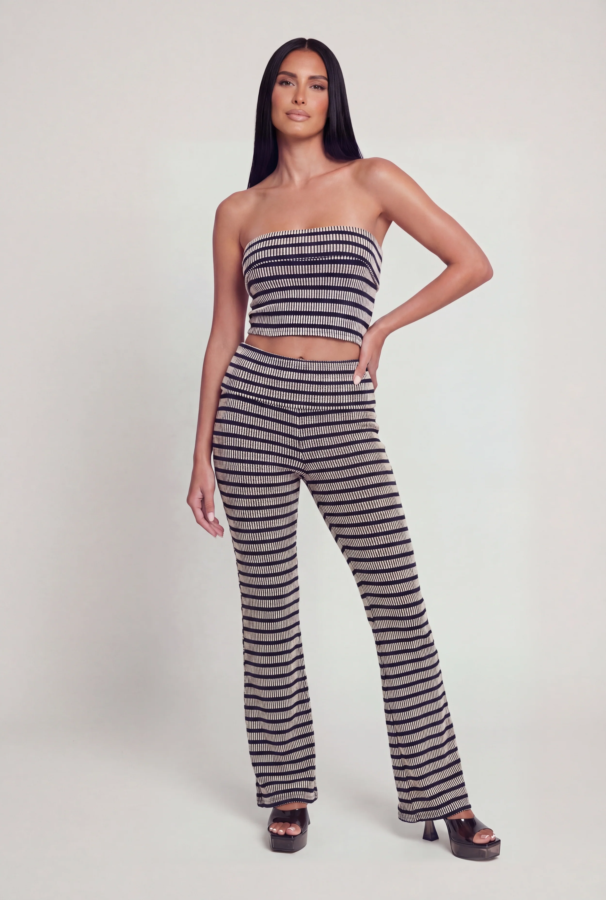 Striped Rib Knit Fold Over Pants