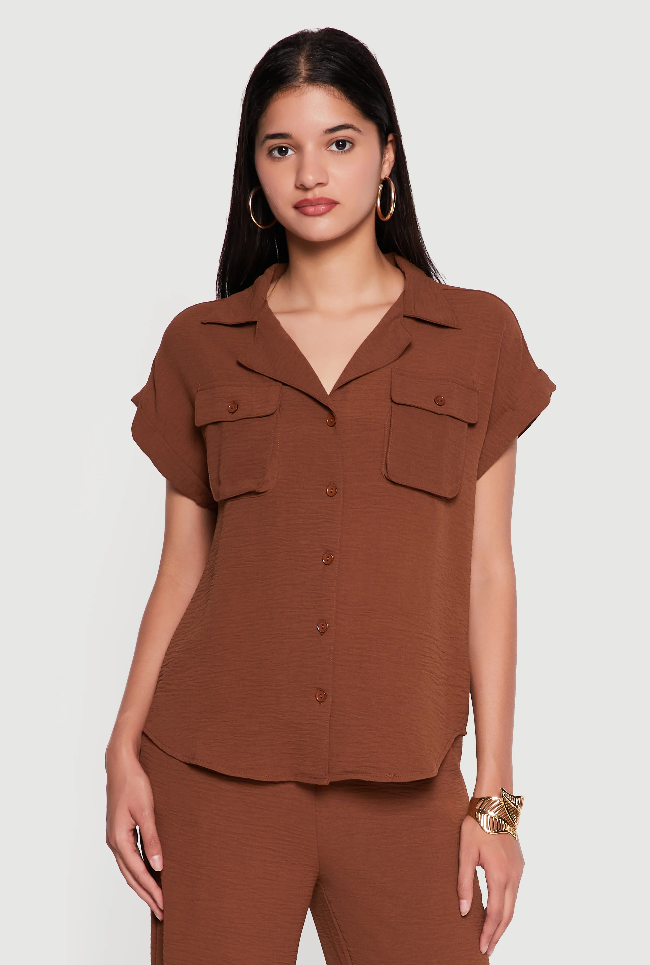 Crepe Knit Fixed Cuff Button Front Shirt