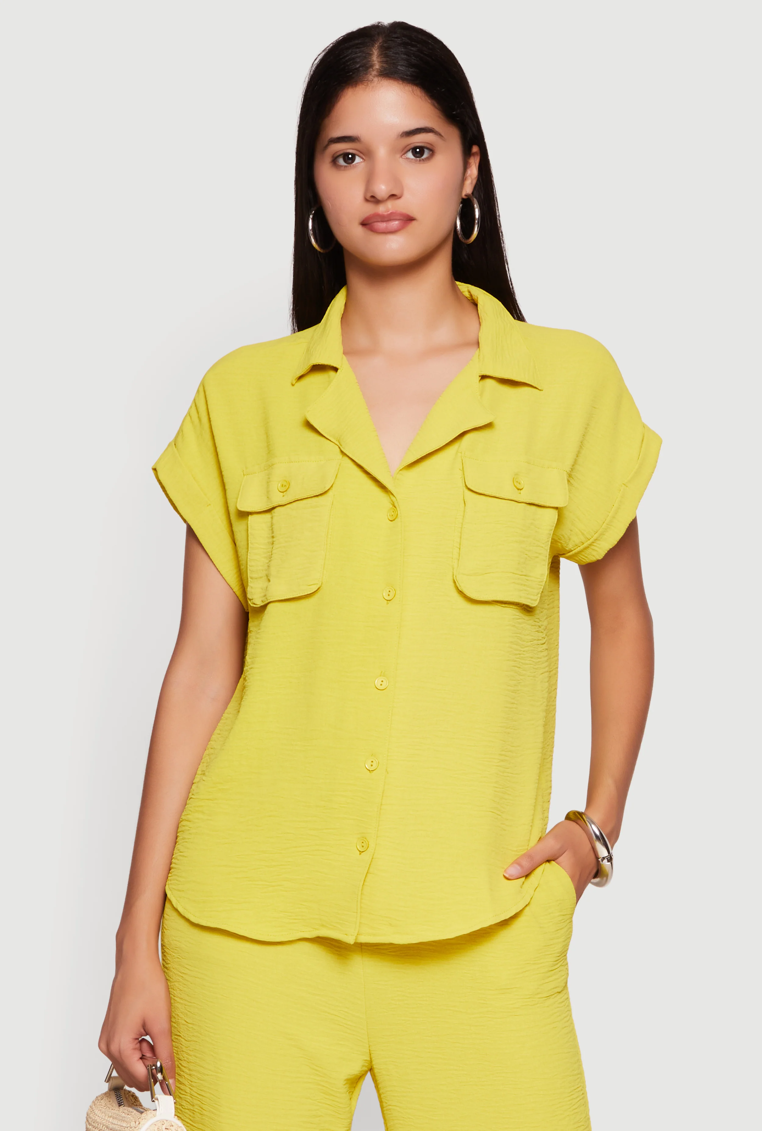 Crepe Knit Fixed Cuff Button Front Shirt