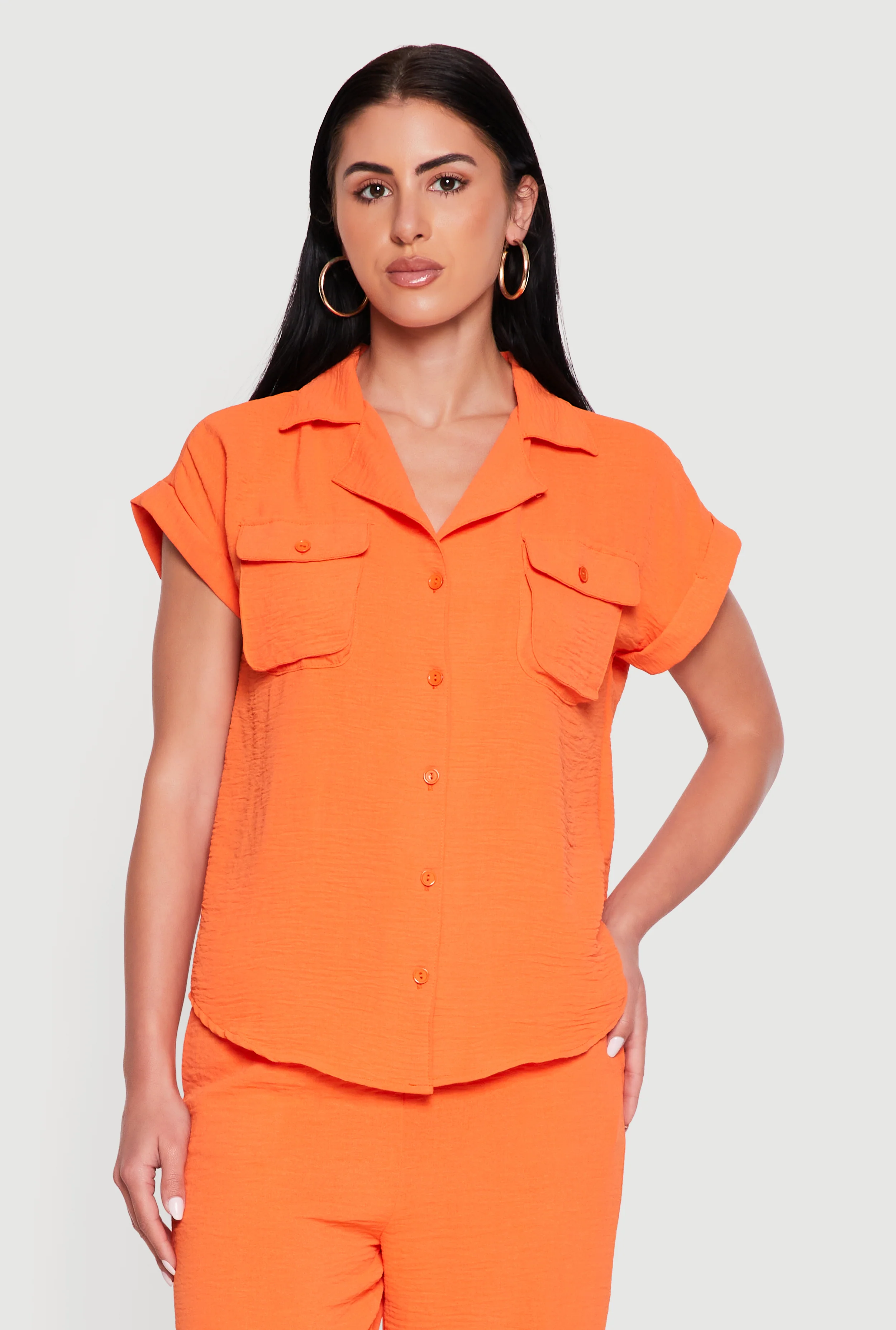 Crepe Knit Fixed Cuff Button Front Shirt