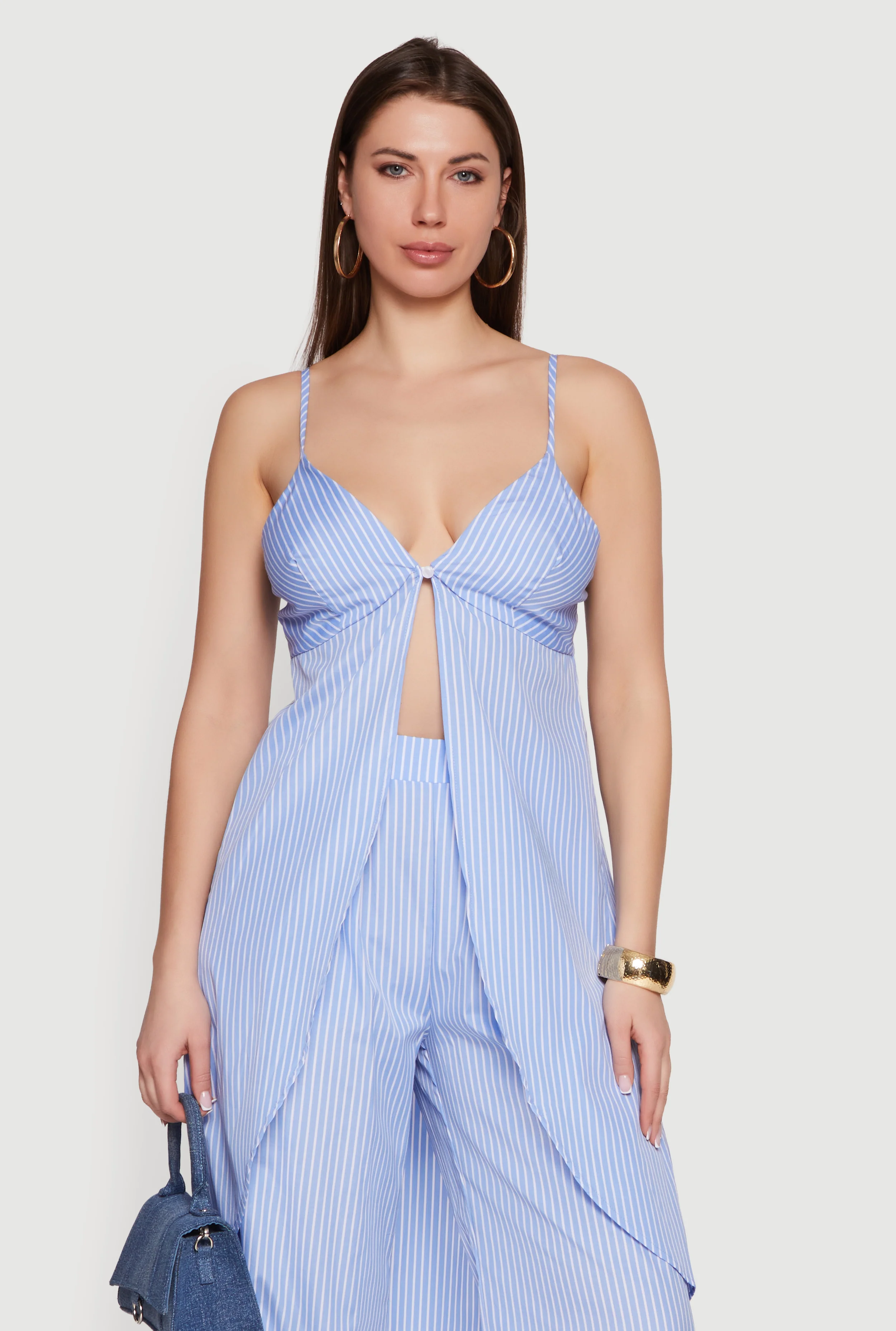 Striped Poplin One Button Flyaway Maxi Cami Top