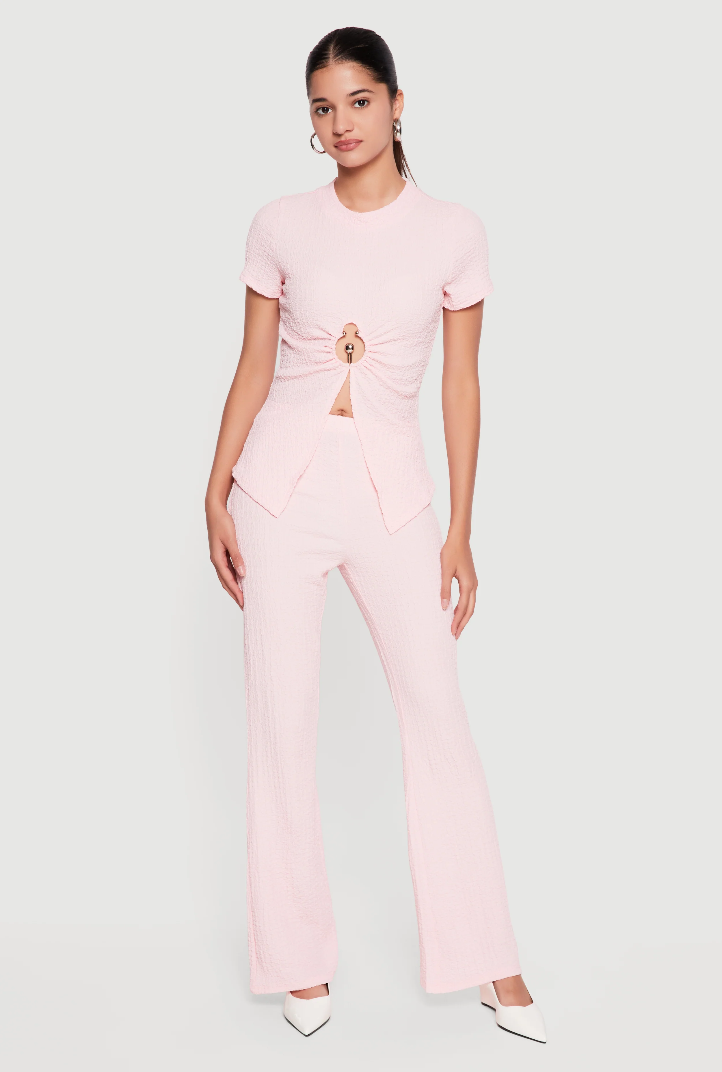 Textured Knit High Waisted Flare Leg Pants