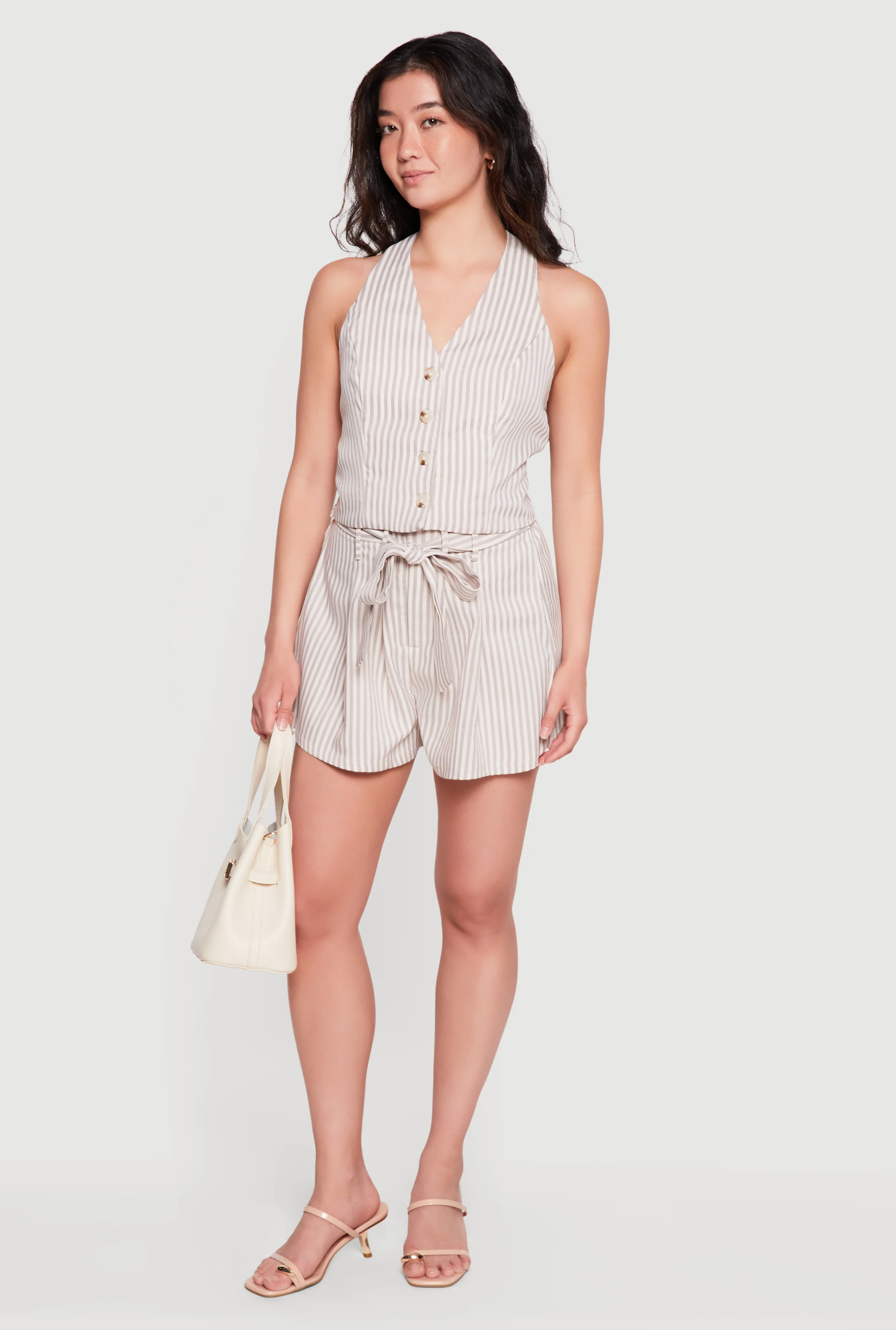 Striped Tie Waist Belted Shorts