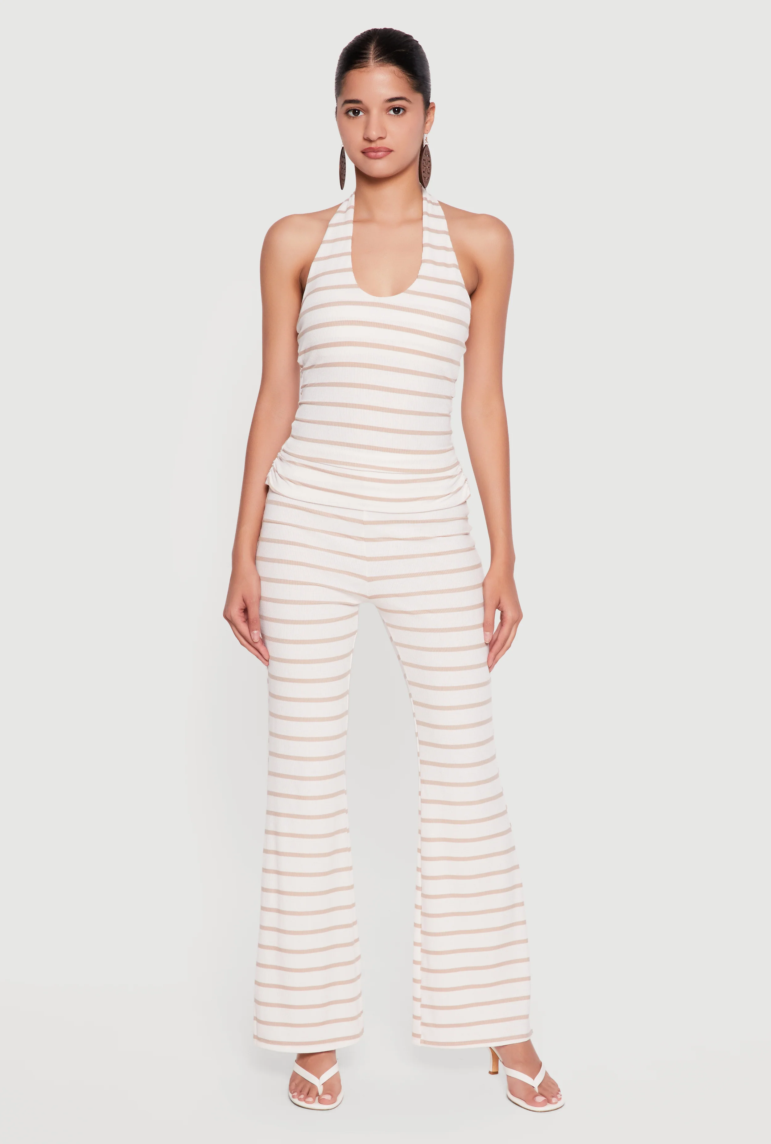 Striped Side Ruched Fold Over Waist Flare Leg Pants