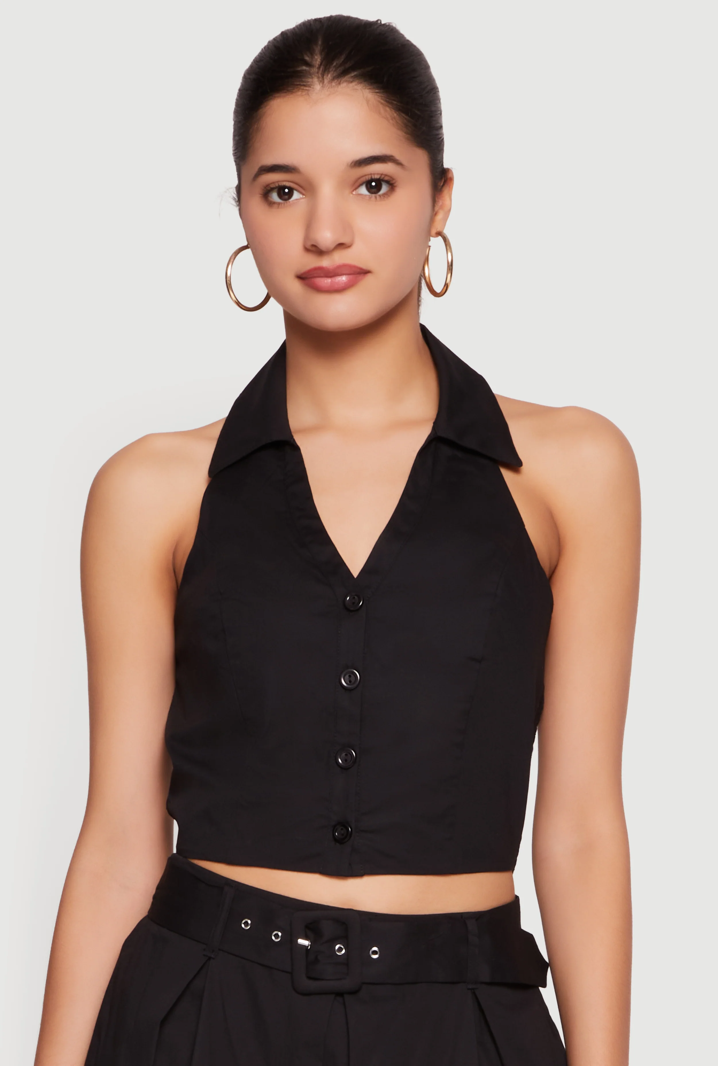 Button Front Cropped Halter Top