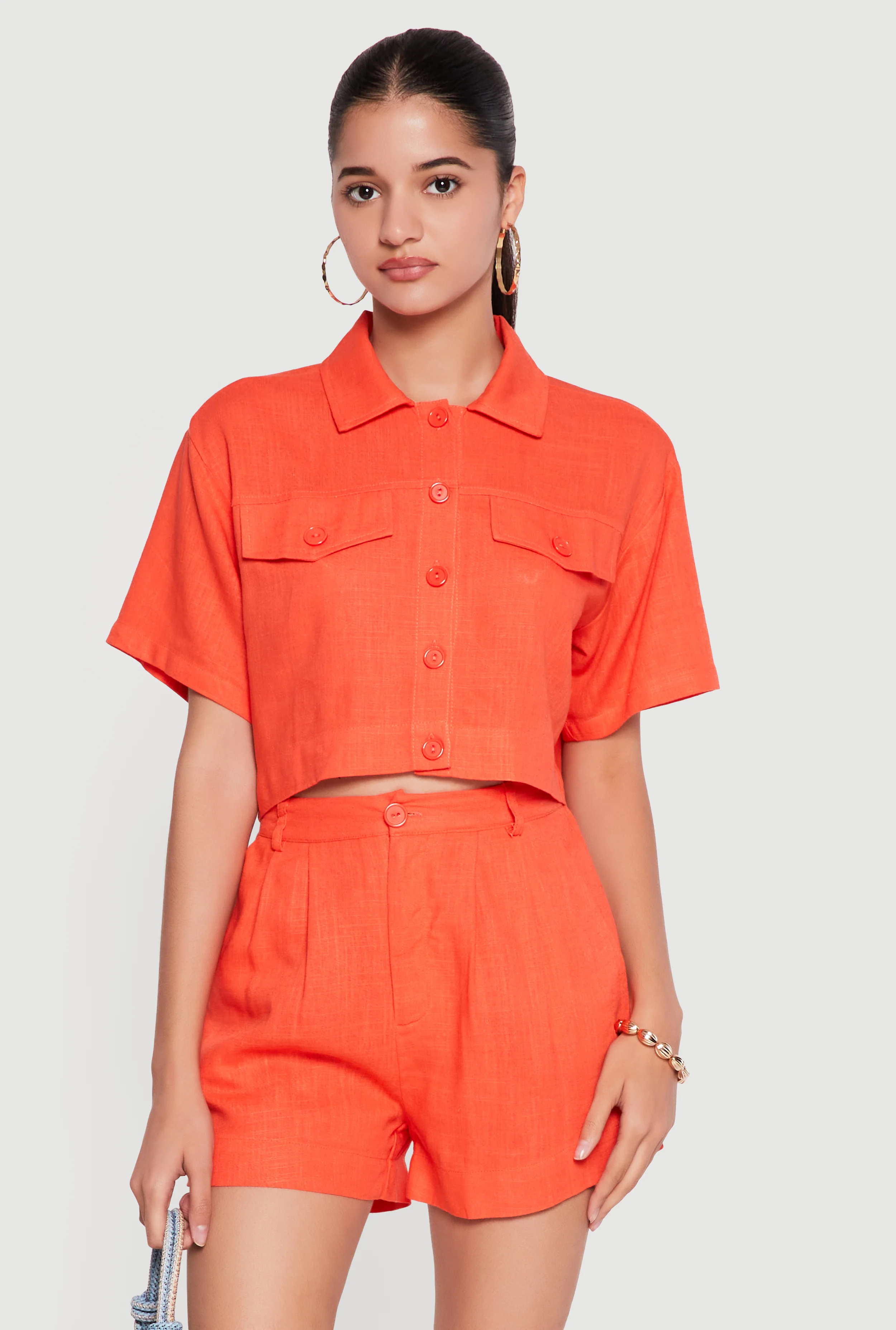 Linen Button Front Cropped Shirt