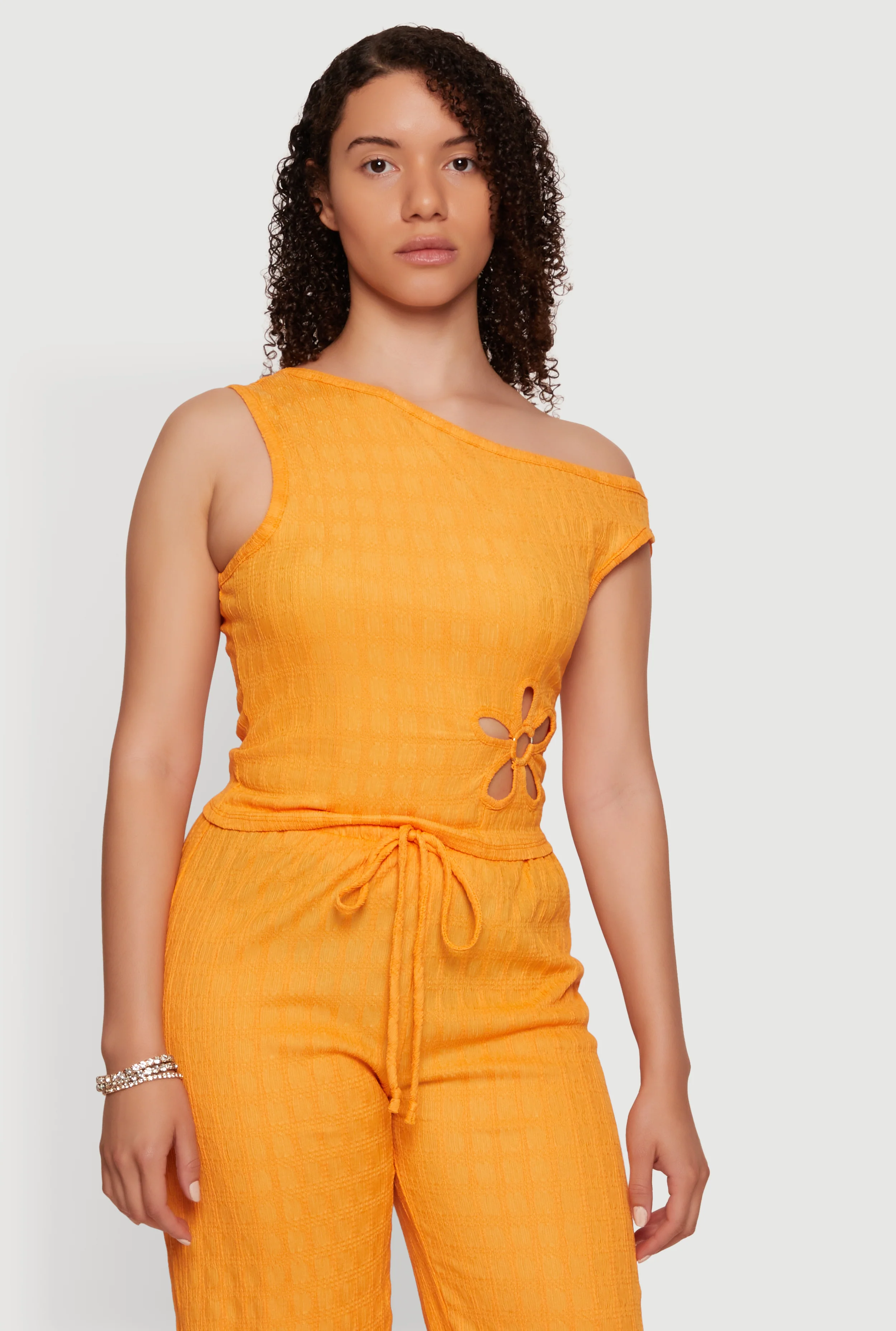 Flower Keyhole Textured Knit One Shoulder Blouse
