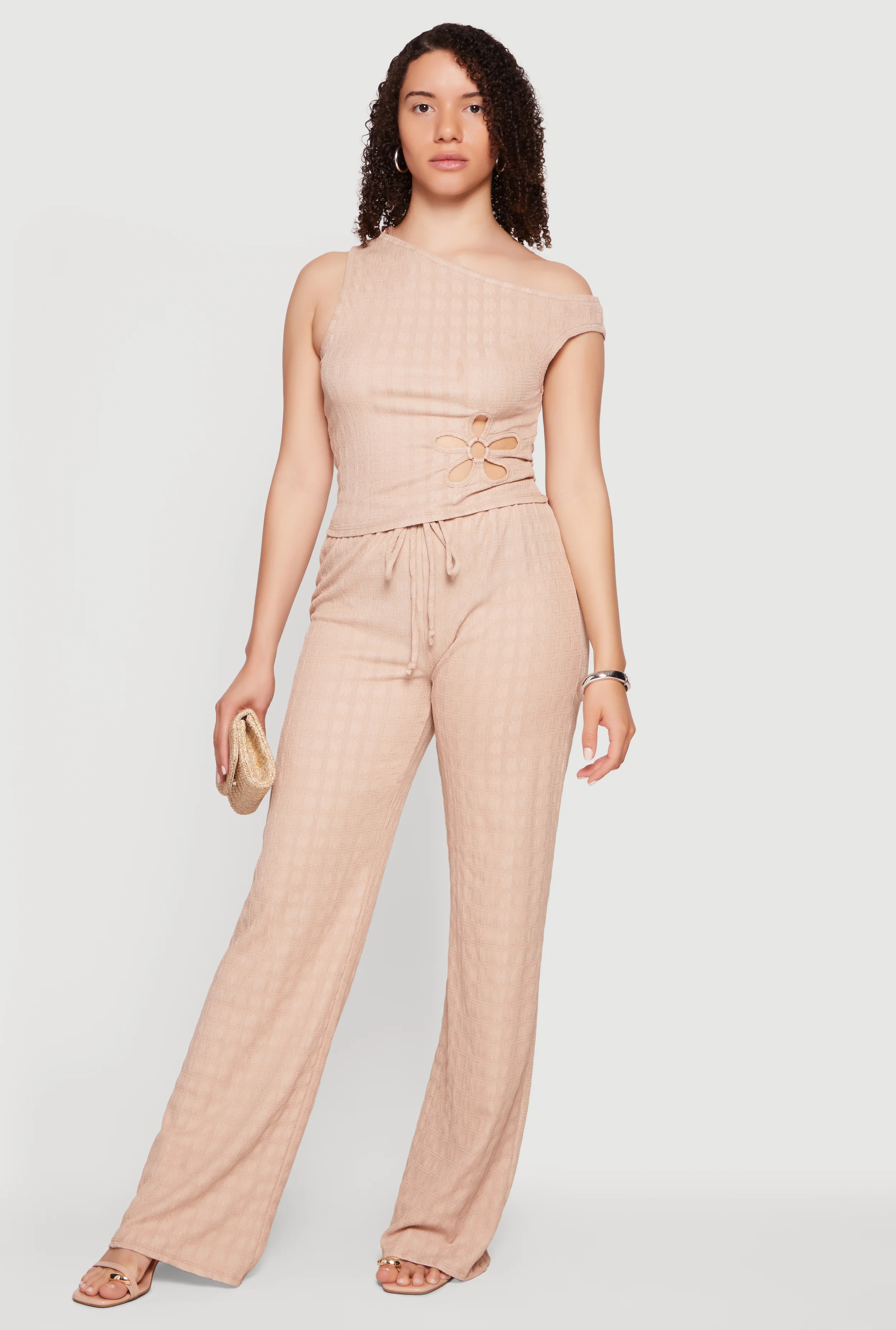 Textured Knit High Waisted Wide Leg Pull On Pants