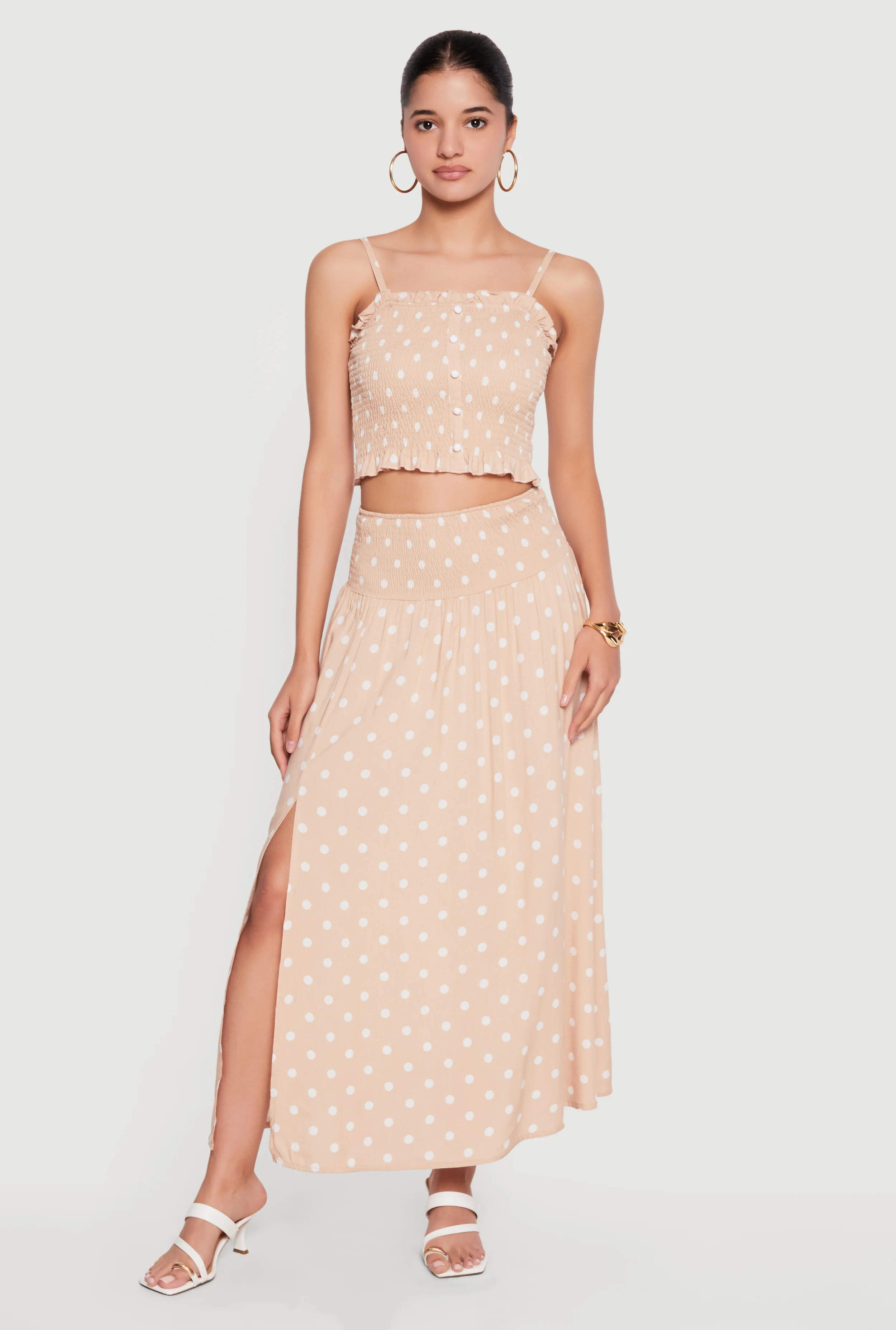 Smocked Drop Waist Polka Dot Side Slit Skirt