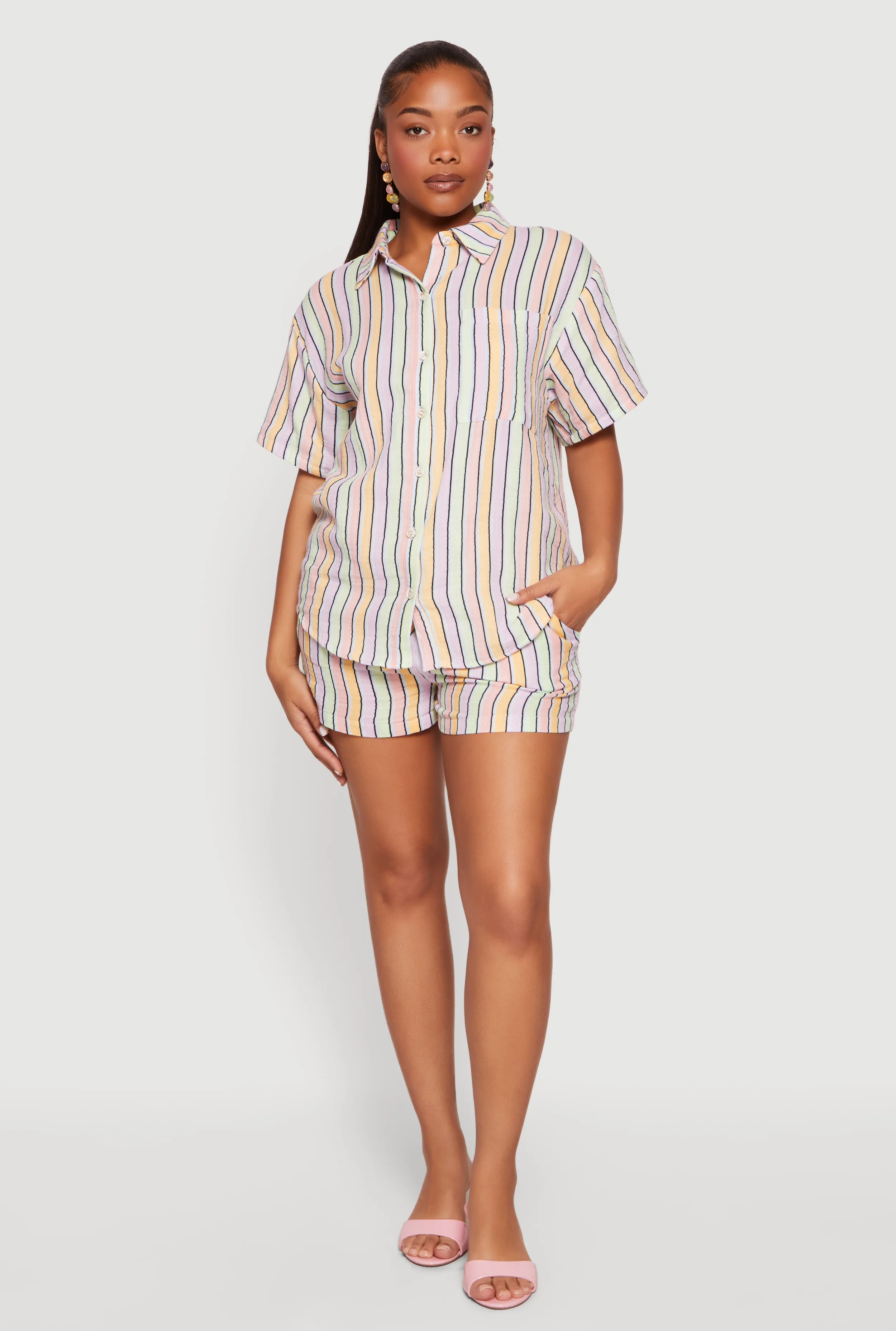High Waisted Striped Gauze Knit Drawstring Shorts