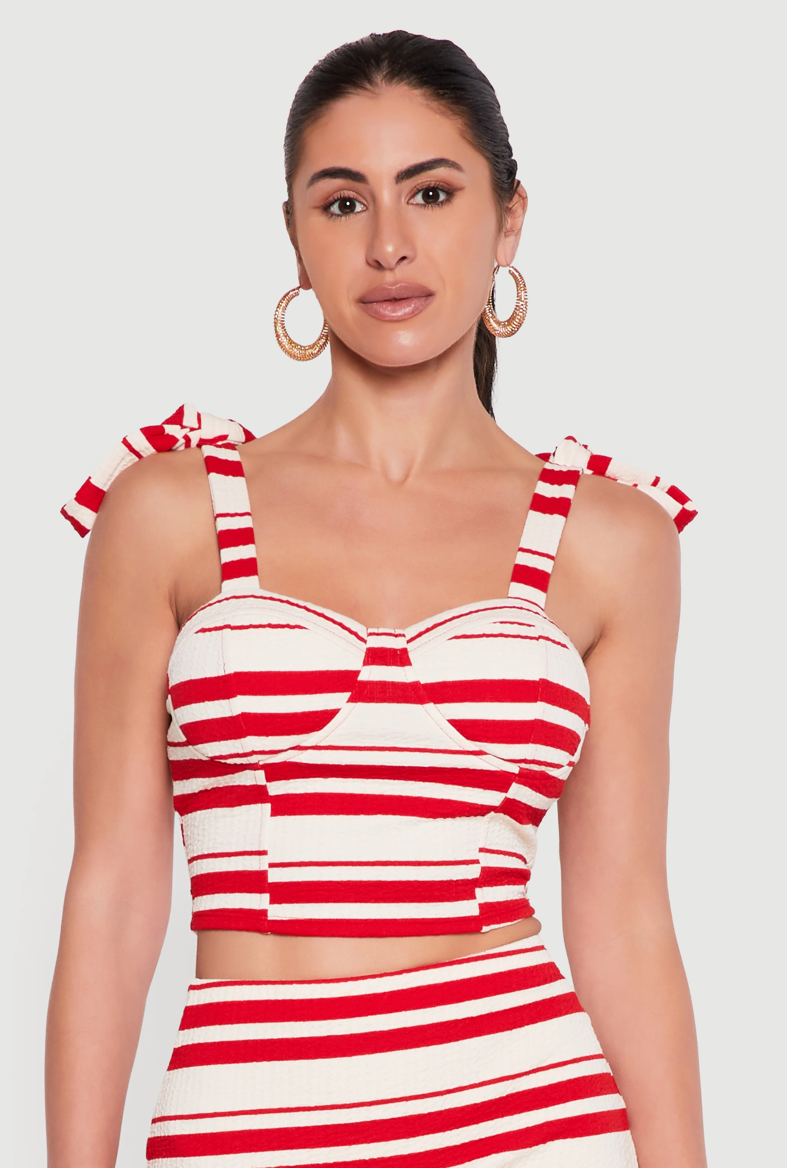 Striped Textured Knit Faux Tie Shoulder Crop Top