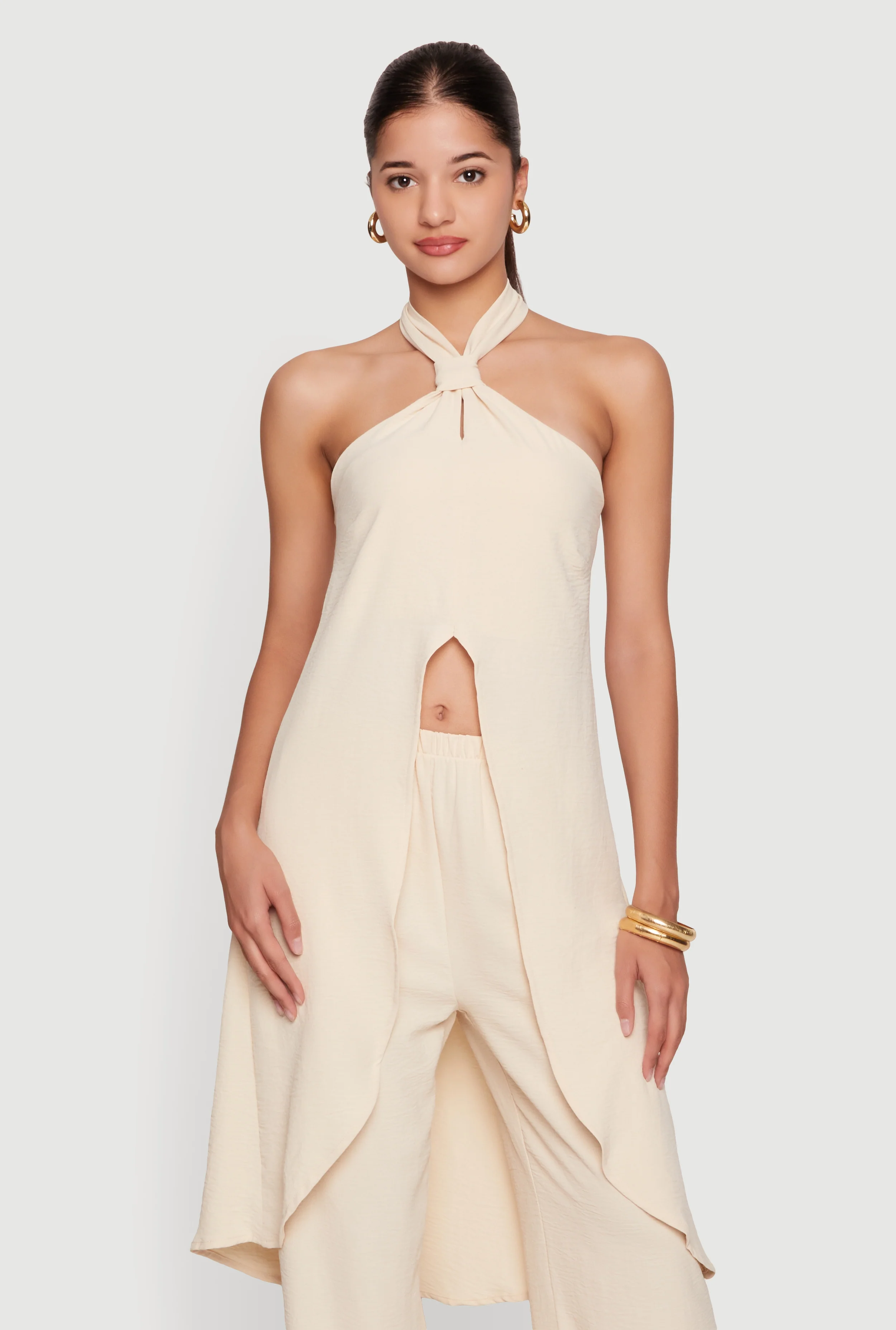 Crepe Knit Halter Neck High Low Maxi Top