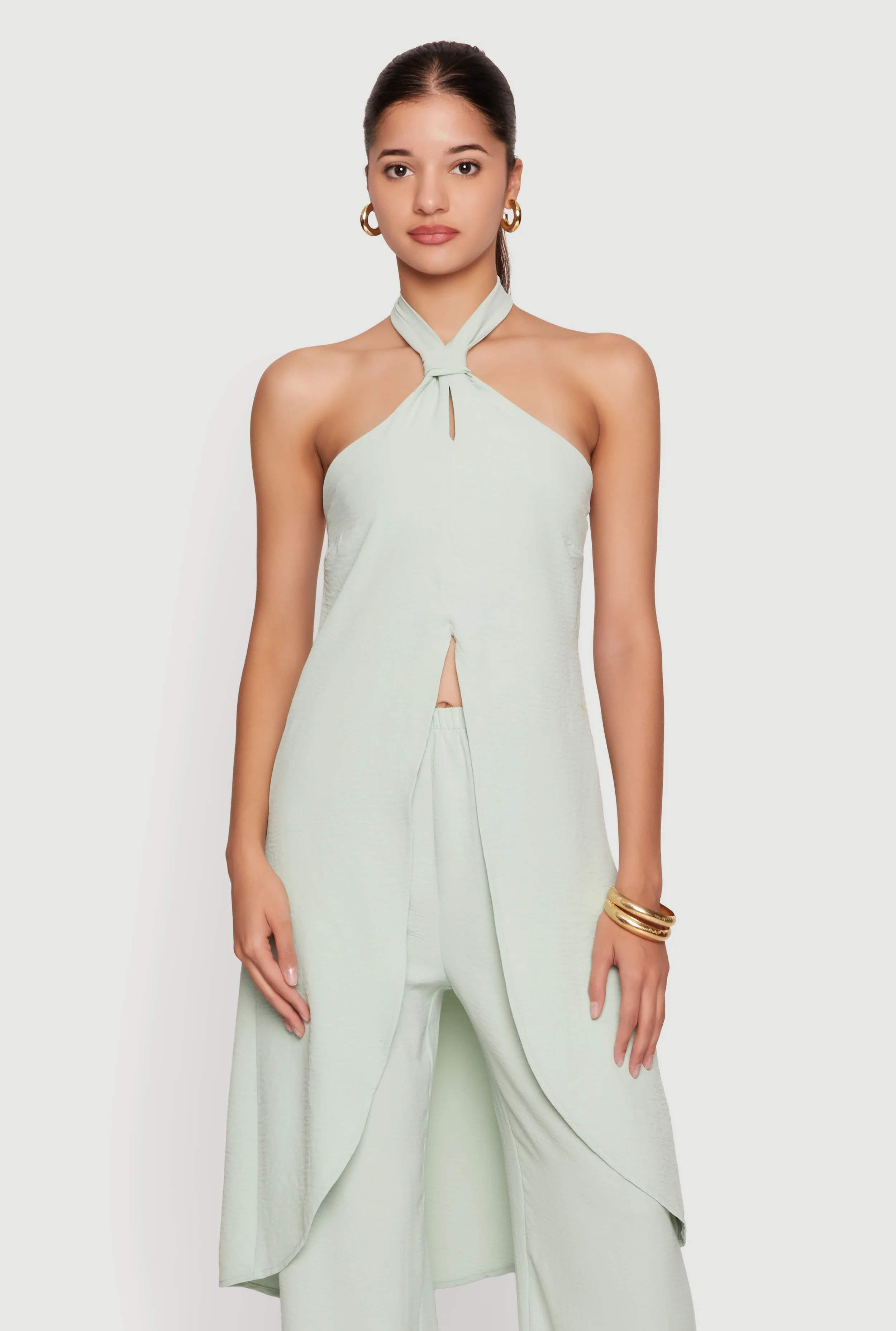 Crepe Knit Halter Neck High Low Maxi Top