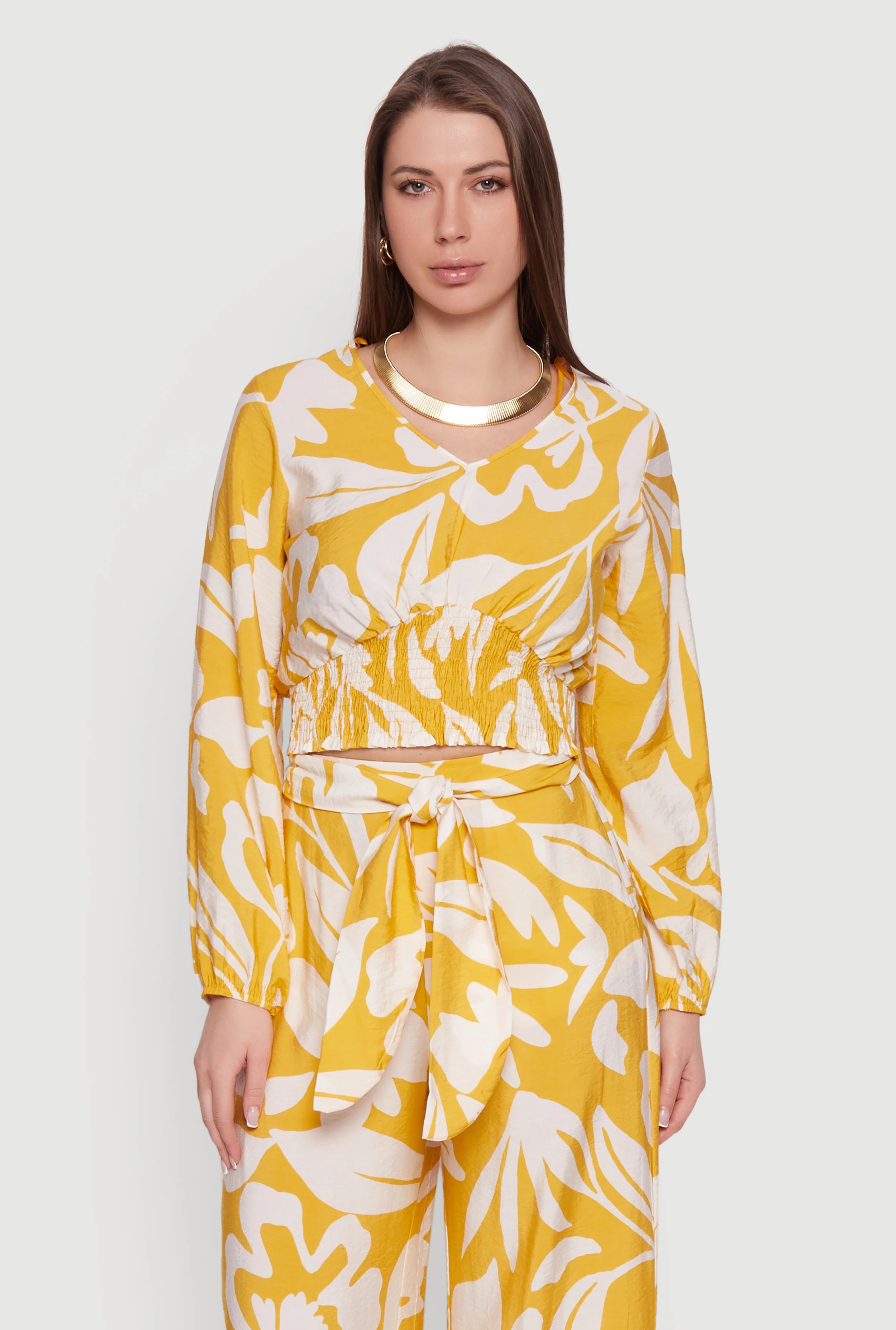Abstract Floral Crepe Knit Cropped Smocked Waist Top