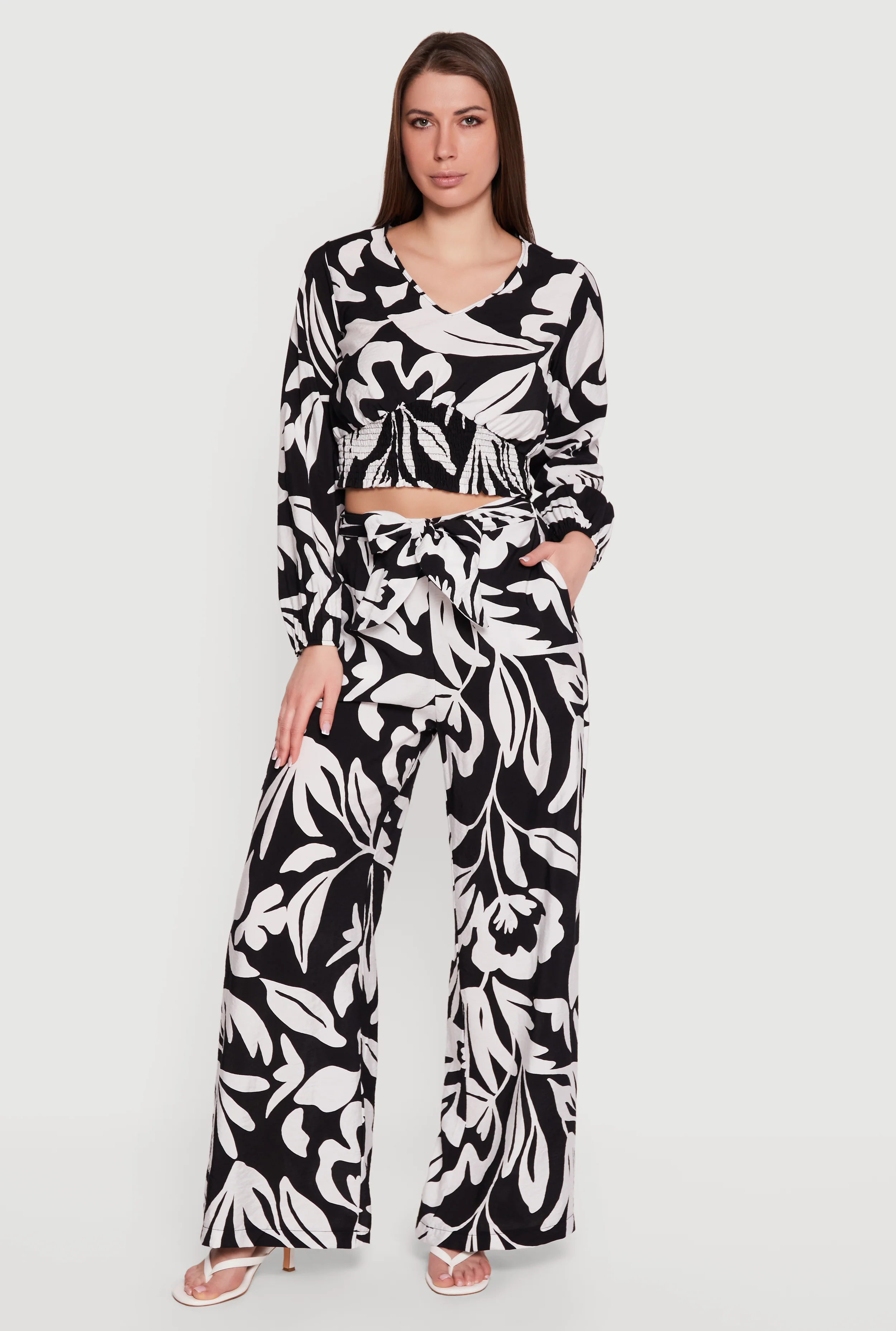 Abstract Floral Crepe Knit Tie Waist Front Wide Leg Pants