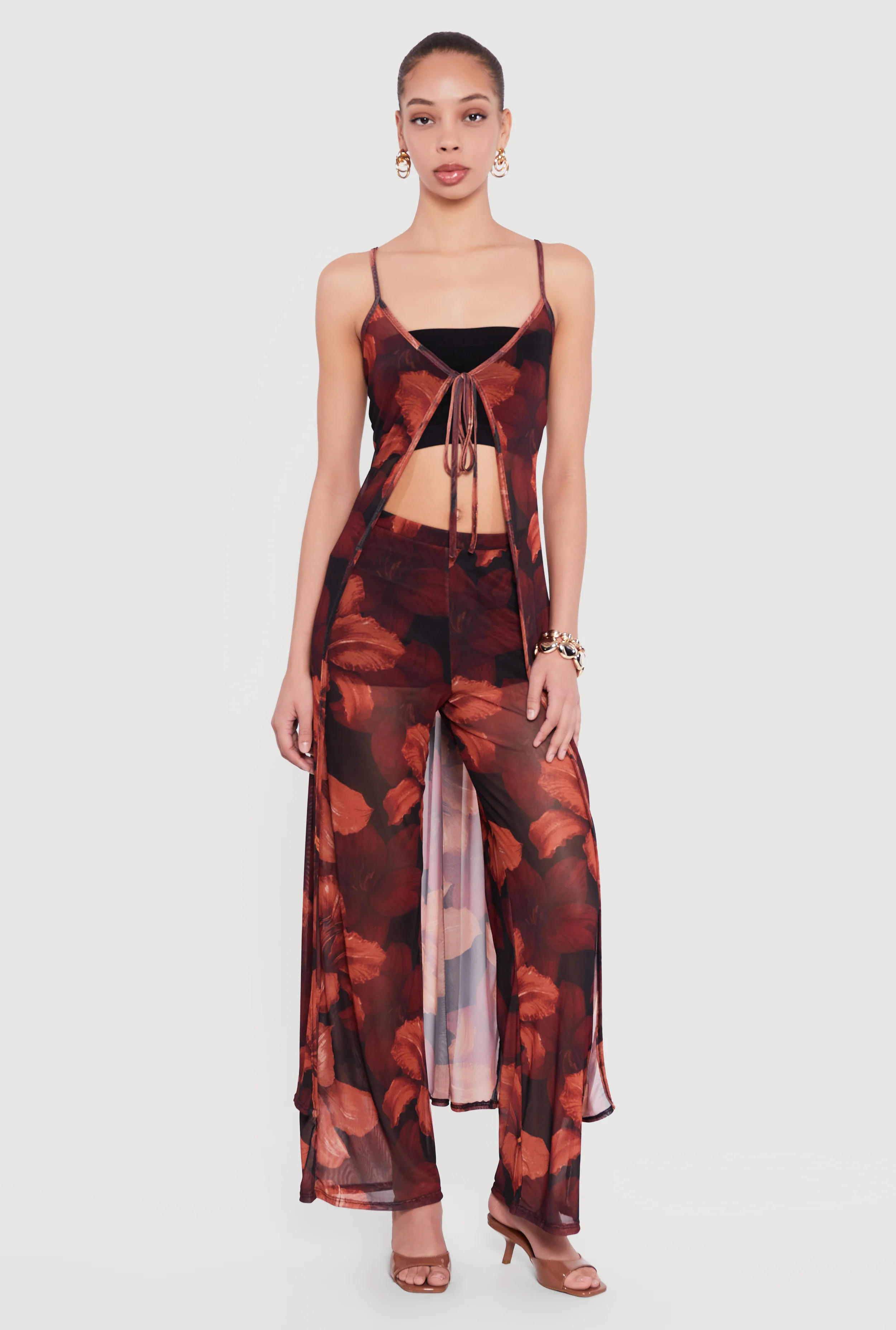 Floral Mesh Tie Front Long Cami Duster