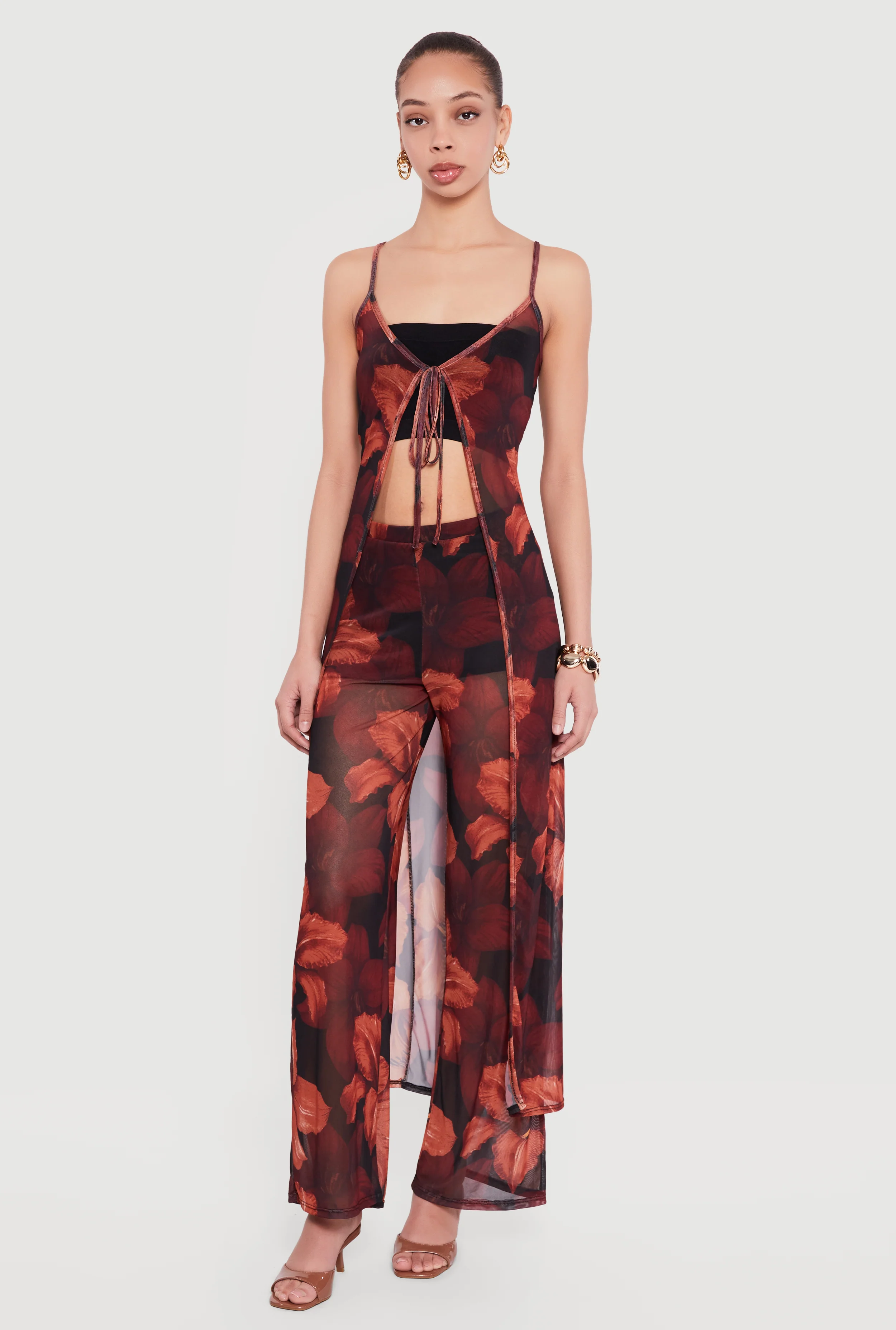 Mid Rise Floral Print Mesh Pants
